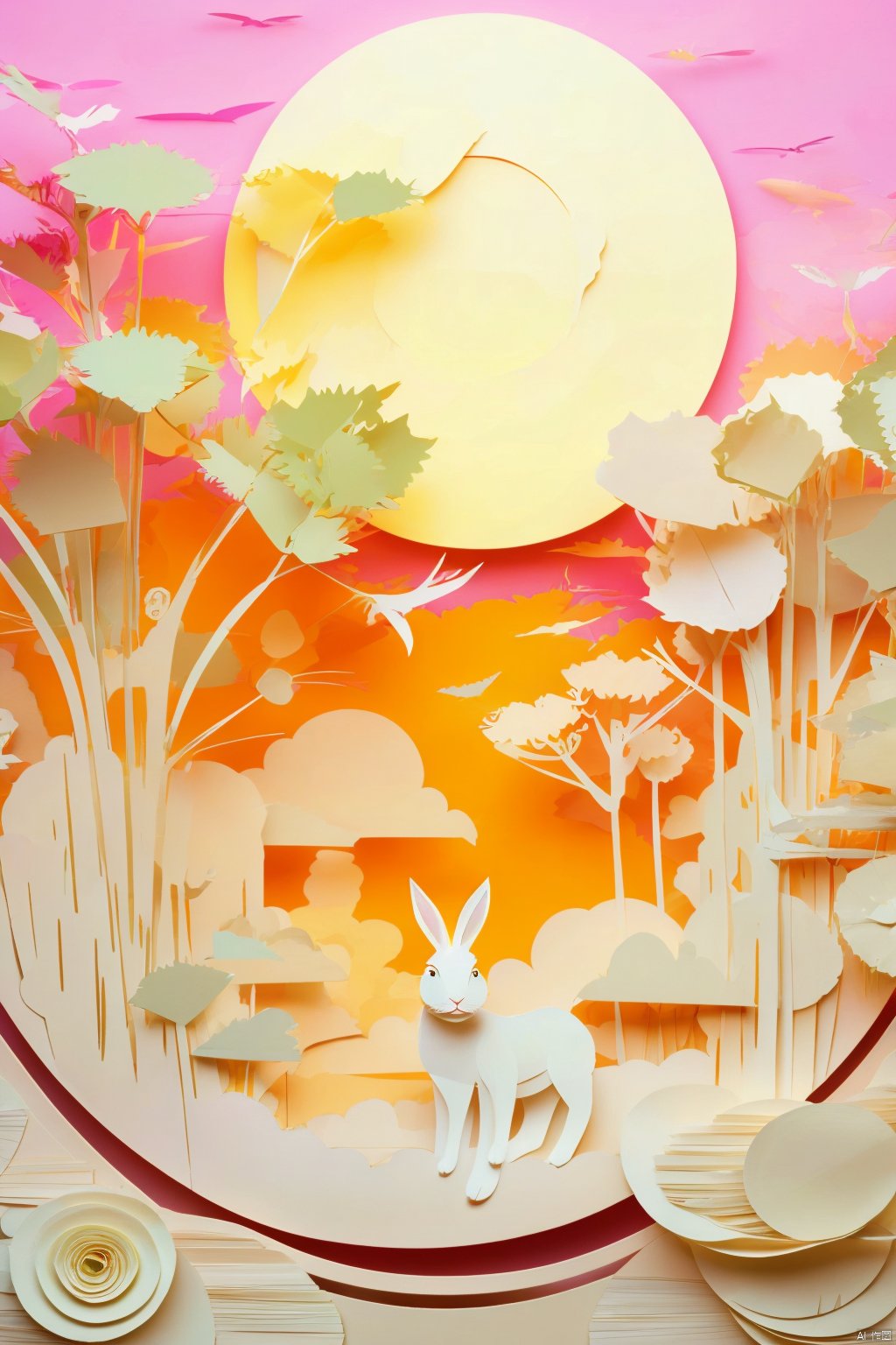 interior design, high definition, 8k, rich details,Paper cutting, rabbit, moon, plants, mural