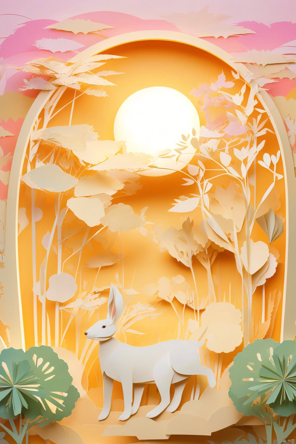 interior design, high definition, 8k, rich details,Paper cutting, rabbit, moon, plants, mural