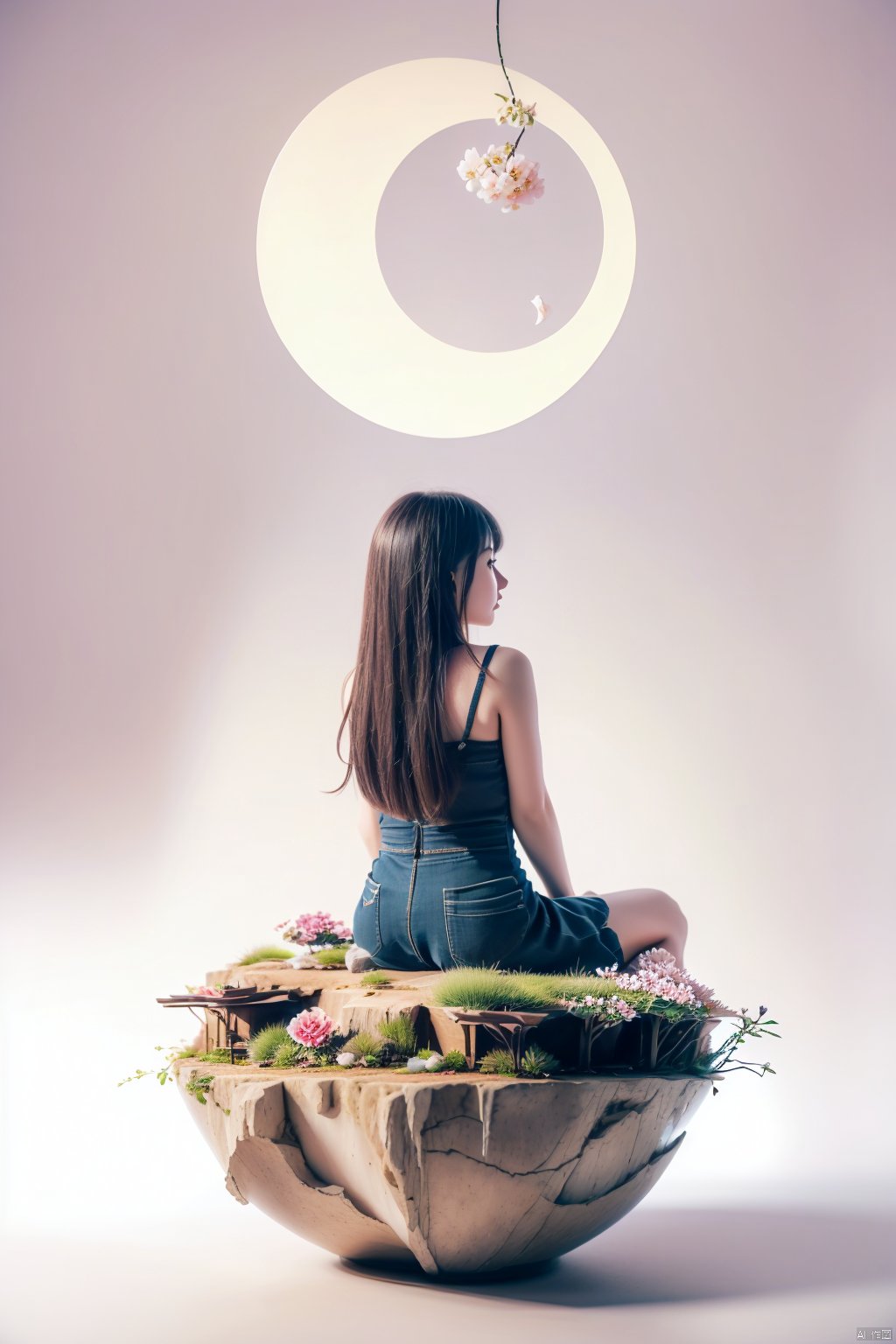 interior design, high definition, 8k, rich details,miniature,micro-landscape,moon,flower,1 girl sitting on it