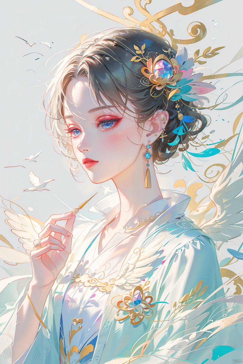 jewelry, 1girl, ring, solo, wings, earrings, short hair, pointy ears, looking at viewer, blue eyes, parted lips, white hair, upper body, gem, multiple rings, holding, hair ornament, cross, eyelashes, blue wings, hand up, lips, ear piercing, glint,hanfu,chinese clothes,fdjz, meiren-red lips