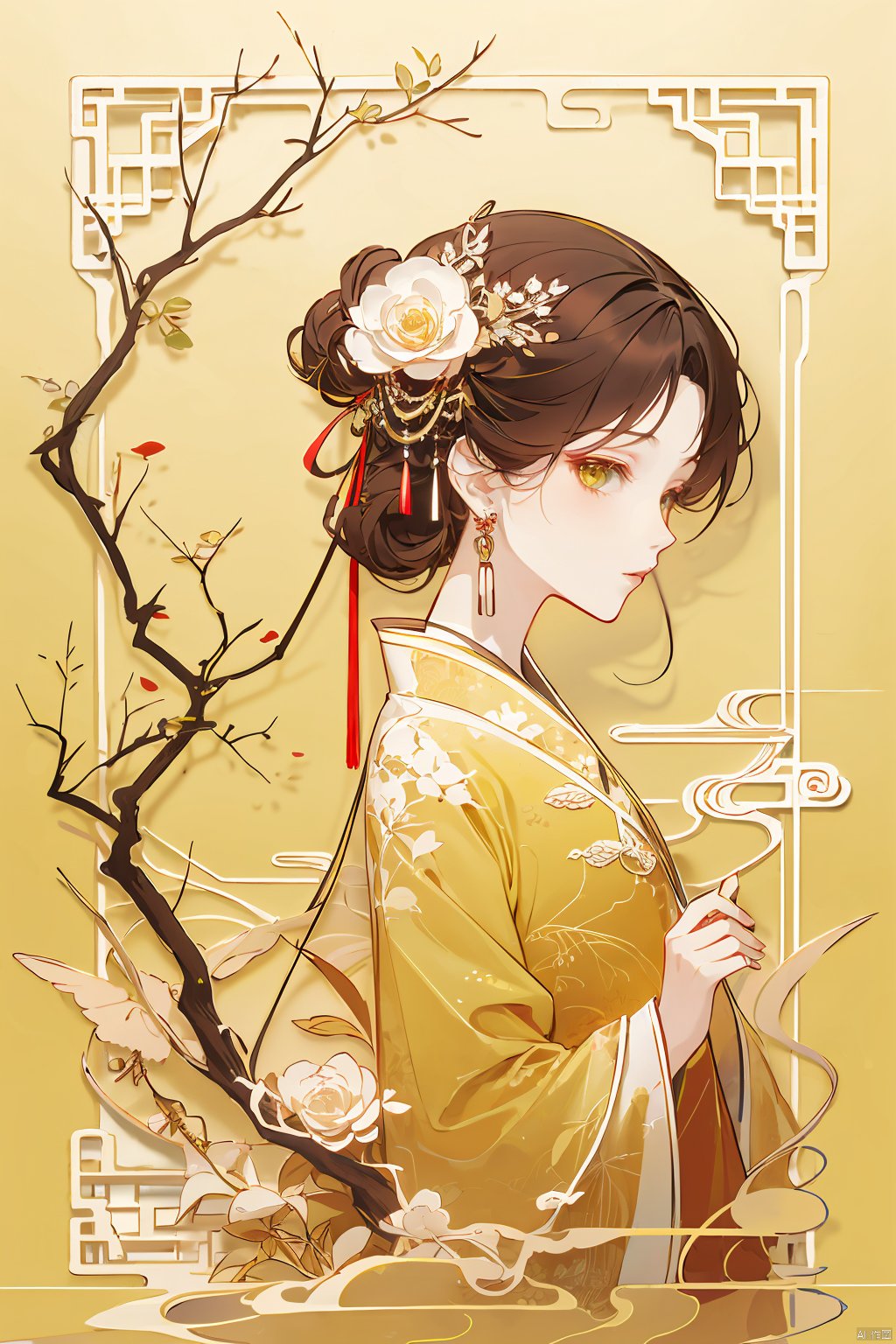 1girl, solo, long hair, looking at viewer, brown hair, black hair, hair ornament, long sleeves, ribbon, jewelry, closed mouth, upper body, flower, earrings, hair flower, from side, chinese clothes, yellow background, branch, yellow theme