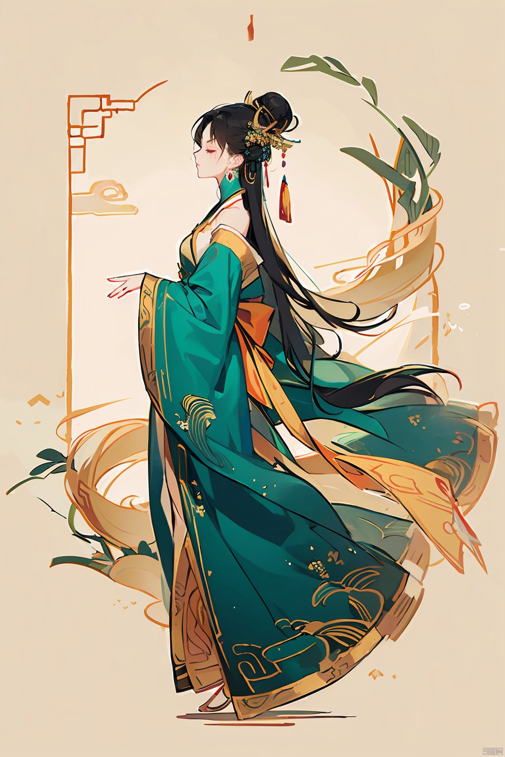 1girl, solo, long hair, black hair, hair ornament, long sleeves, dress, holding, bare shoulders, jewelry, closed mouth, standing, full body, closed eyes, earrings, off shoulder, hair bun, from side, chinese clothes, hanfu