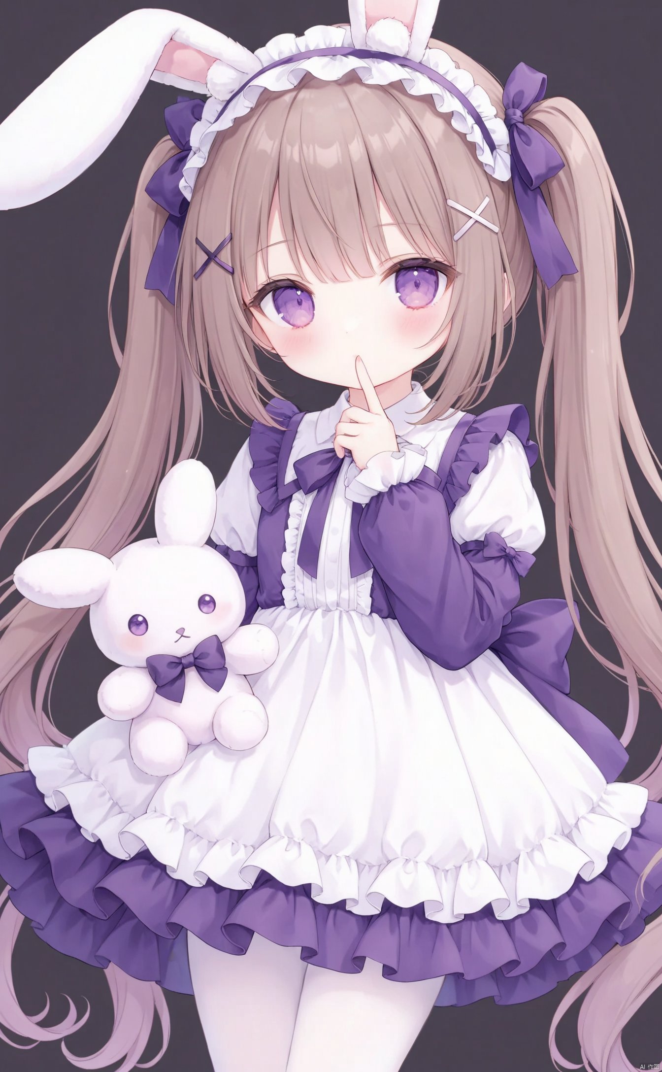  very long hair,twintails,loli,loli,loli,loli,loli,loli,loli,loli,loli,grossissementdedeuxcentsoixantepourcent_portrait,grossissementdedeuxcentsoixantepourcent_portrait,grossissementdedeuxcentsoixantepourcent_portrait,grossissementdedeuxcentsoixantepourcent_portrait,grossissementdedeuxcentsoixantepourcent_portrait,grossissementdedeuxcentsoixantepourcent_portrait,grossissementdedeuxcentsoixantepourcent_portrait,grossissementdedeuxcentsoixantepourcent_portrait,构图-yps98815-1_预览-off, 1girl, white_pantyhose, animal_ears, rabbit_ears, solo, stuffed_toy, pantyhose, long_hair, dress, stuffed_animal, purple_eyes, stuffed_bunny, white_dress, finger_to_mouth, lolita_fashion, brown_hair, blush, long_sleeves, lolita_hairband, hair_ornament, x_hair_ornament, looking_at_viewer, hairband, two_side_up, frills, puffy_sleeves, frilled_hairband, frilled_dress, bow, very_long_hair