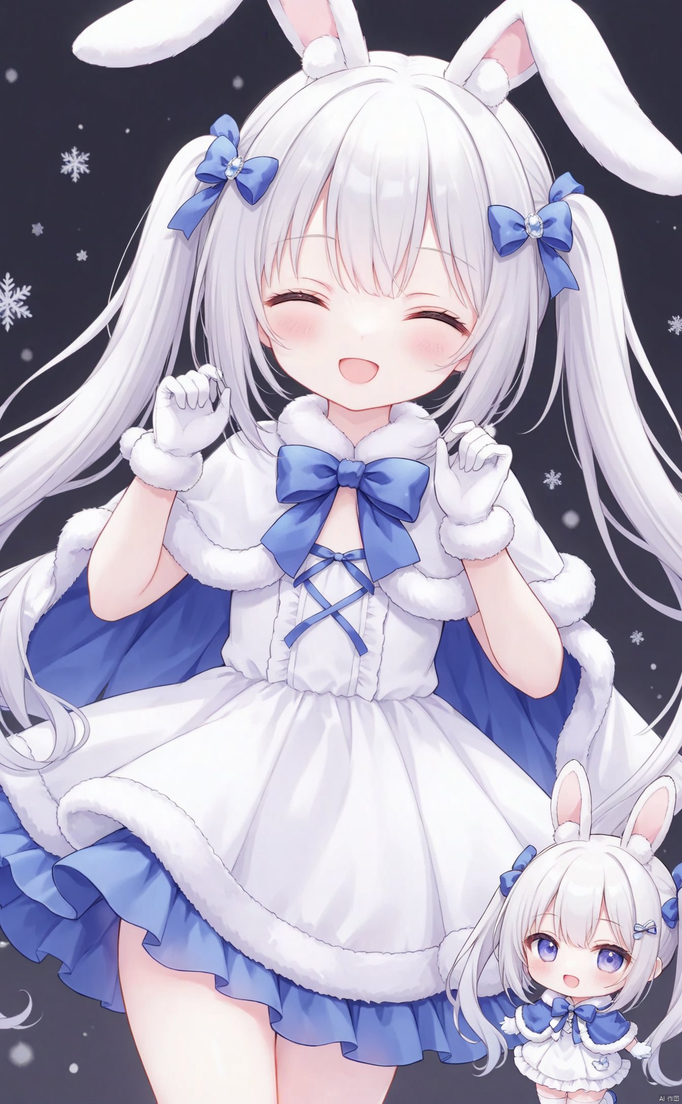  very long hair,twintails,loli,loli,loli,loli,loli,loli,loli,loli,loli,grossissementdedeuxcentsoixantepourcent_portrait,grossissementdedeuxcentsoixantepourcent_portrait,grossissementdedeuxcentsoixantepourcent_portrait,grossissementdedeuxcentsoixantepourcent_portrait,grossissementdedeuxcentsoixantepourcent_portrait,grossissementdedeuxcentsoixantepourcent_portrait,grossissementdedeuxcentsoixantepourcent_portrait,grossissementdedeuxcentsoixantepourcent_portrait,构图-yps98815-7_预览-on, 1girl, solo, closed_eyes, gloves, fur_trim, smile, capelet, animal_ears, white_gloves, long_hair, hair_ornament, bow, blush, jewelry, open_mouth, bangs, fur-trimmed_capelet, white_hair, rabbit_ears, facing_viewer, blue_bow, dress, chibi