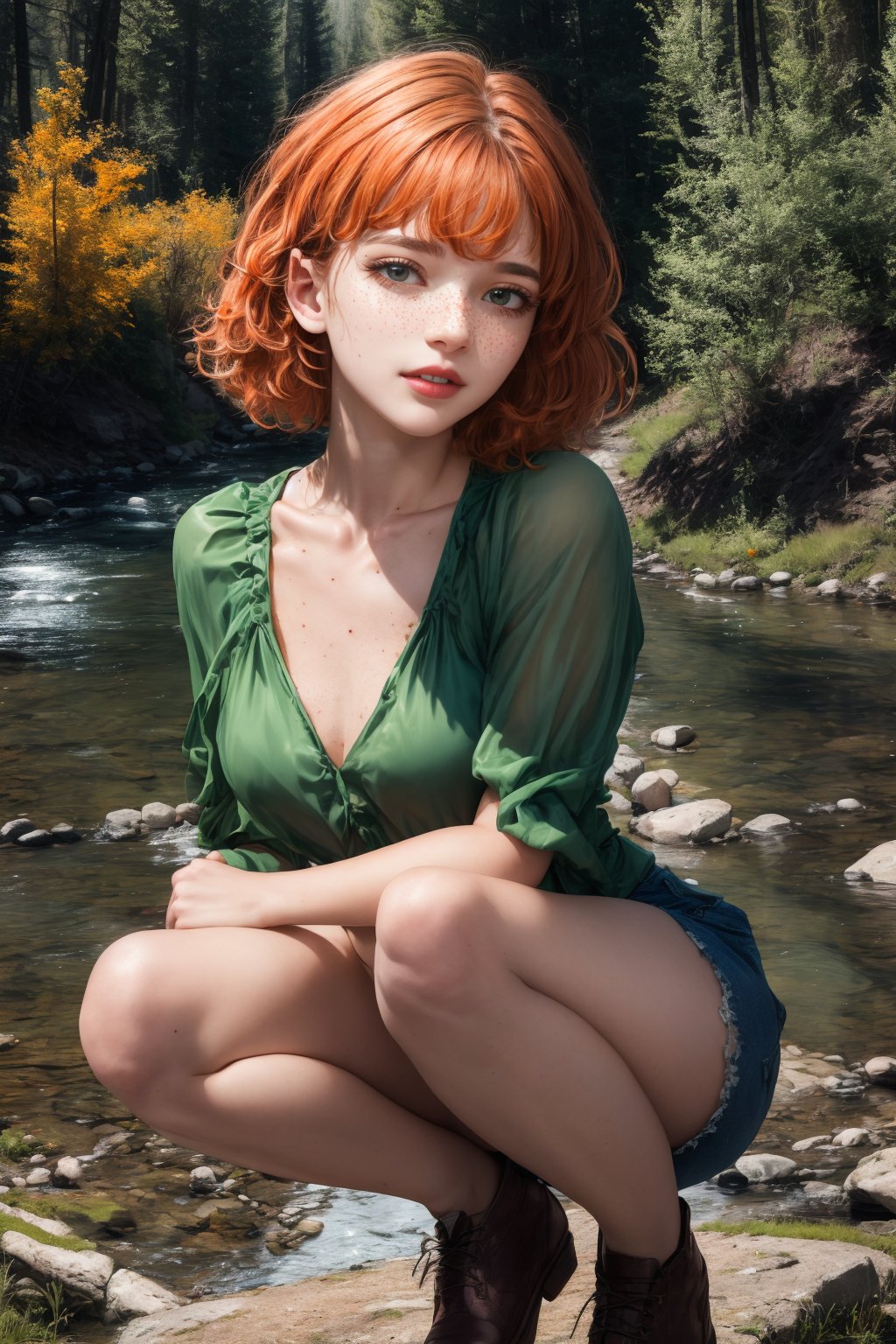 realhands Highly detailed, realistic, best quality, 4k, masterpiece: 1.2, high resolution, ultra detailed, detailed, classic beauty, beautiful and perfect eyes, photo realistic, (American shot) 12 year old teenage caucasian girl with short orange hair, eyes light green, very marked freckles on her face and body, small body, teenage body, blushing, smiles flirtatiously at the viewer, she is in a daring, playful and provocative pose, she is wearing a blouse, shorts, she is squatting on the bank of a river, she It surrounds the forest, a typical site in Oregon, USA. It is spring correct scaling with objects and with the stage. photorealistic, AIDA_LoRA_HanF,facial expression