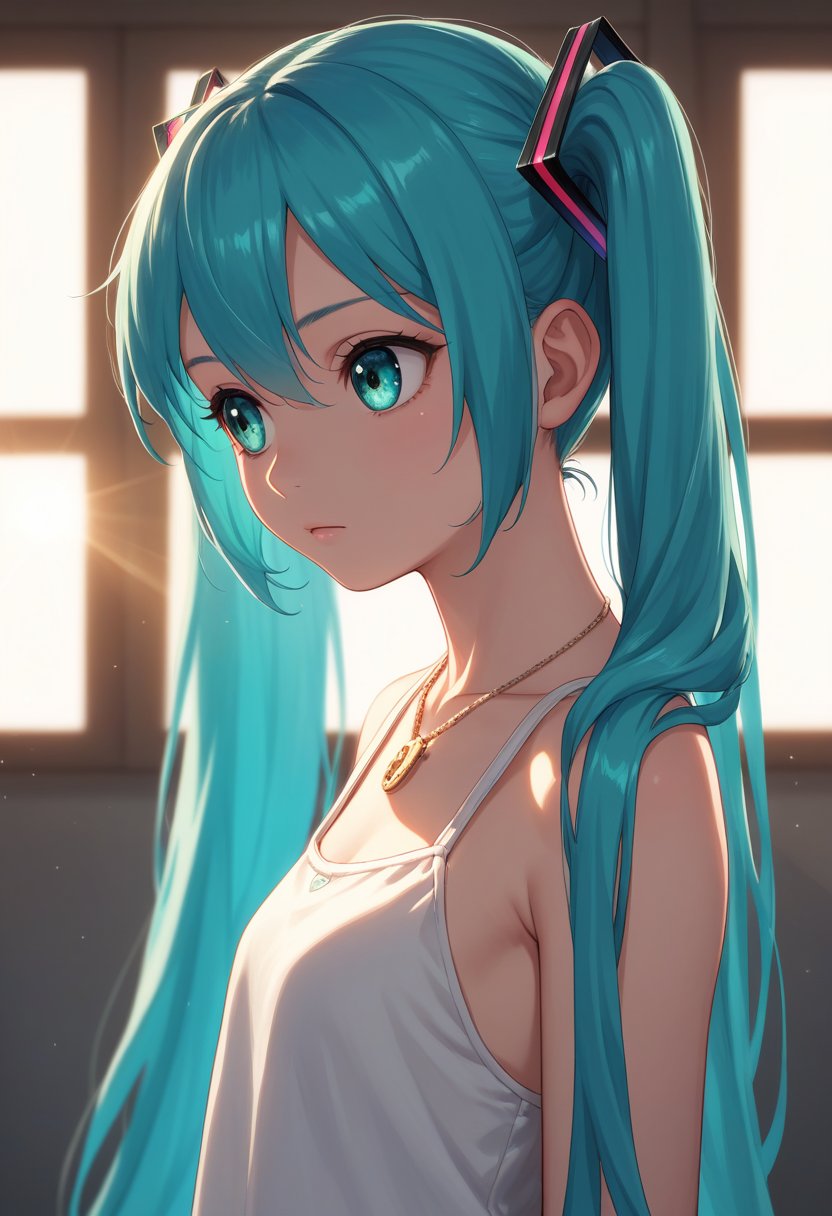 score_9, score_8_up, score_7_up, BREAK source_anime,
, miku, aqua hair, aqua eyes, twintails, long hair, very long hair, 1girl, solo, 
black eyeliner cat eye,
perfecteyes, solo, necklace,  looking to the side, photo, detailed, sharp focus, innocent, cute, pleasant, dimly lit room nighttime, sunset, god rays, side view, focused eyes
amazing background, 