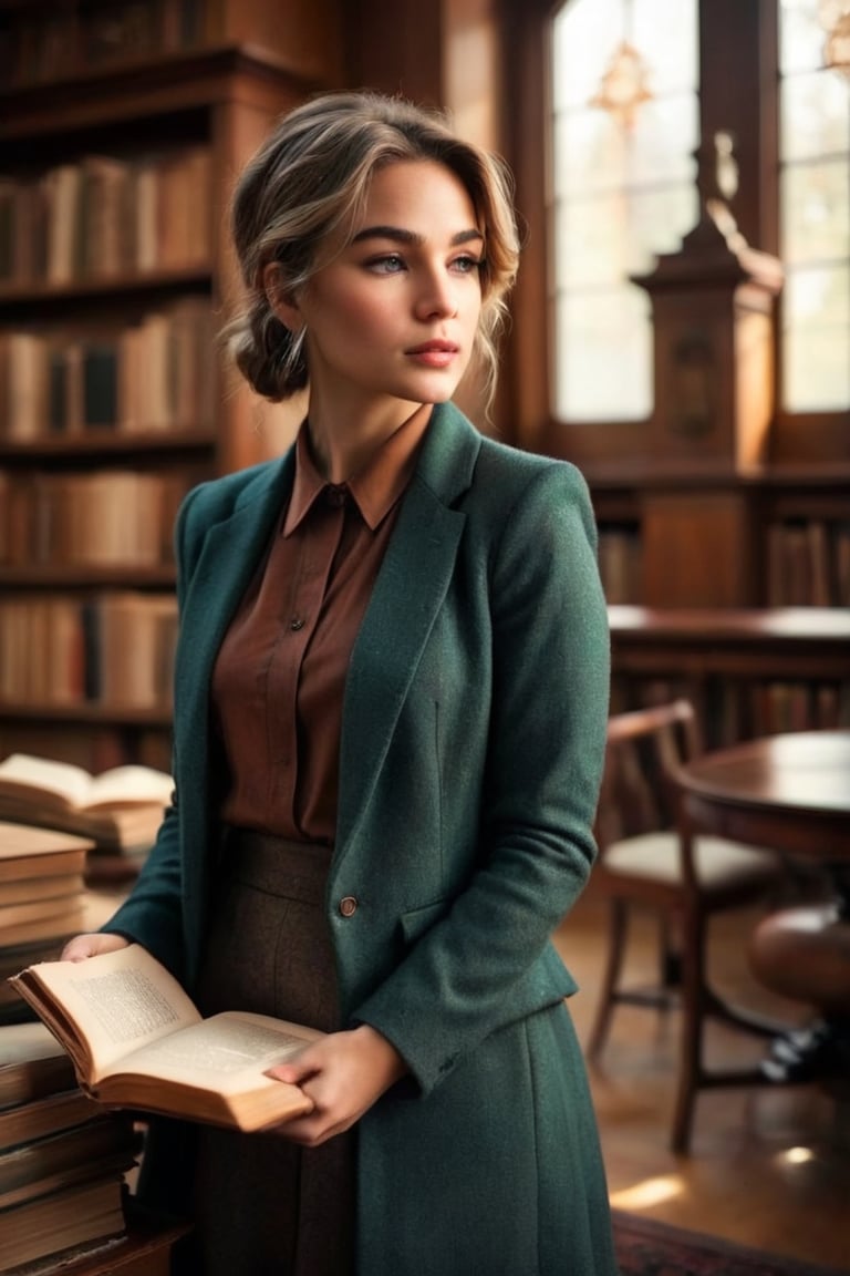 HQ photography, closeup portrait, sharp focus, bokeh background, high contrast, In a serene, cinematic setting, a lovely, young woman, reminiscent of Angeline, sits in an antique university library, looking at the book, Degas-like attention to detail captures every curl and curve of her body. In the background, an antique library full of books and ladders is bathed by the afternoon sun rays, creating a sense of depth and atmosphere. The overall effect is stunning, with cinematic flair, masterpiece, shines brightly on ArtStation, trending for all to admire.,dark academia outfit, brown teal color palette, Rembrandt Lighting Style,darkacademia,photorealistic,tweed blazer, collar shirt, beret,Kodak Motion Picture Film Style, cateye, cute face, young face, ,kallmekris woman