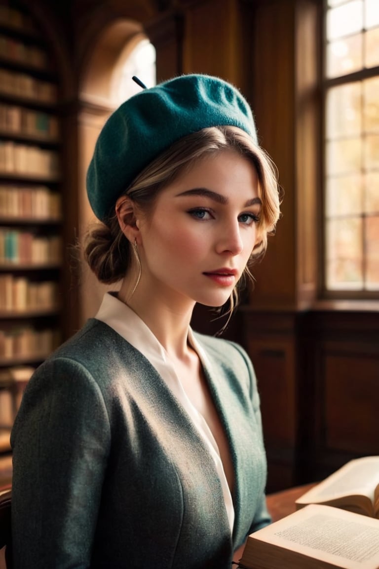 HQ photography, closeup portrait, sharp focus, bokeh background, high contrast, In a serene, cinematic setting, a lovely, young woman, reminiscent of Angeline, sits in an antique university library, looking at the book, Degas-like attention to detail captures every curl and curve of her body. In the background, an antique library full of books and ladders is bathed by the afternoon sun rays, creating a sense of depth and atmosphere. The overall effect is stunning, with cinematic flair, masterpiece, shines brightly on ArtStation, trending for all to admire.,dark academia outfit, brown teal color palette, Rembrandt Lighting Style,darkacademia,photorealistic,tweed blazer, collar shirt, beret,Kodak Motion Picture Film Style, cateye, cute face, young face, ,kallmekris woman