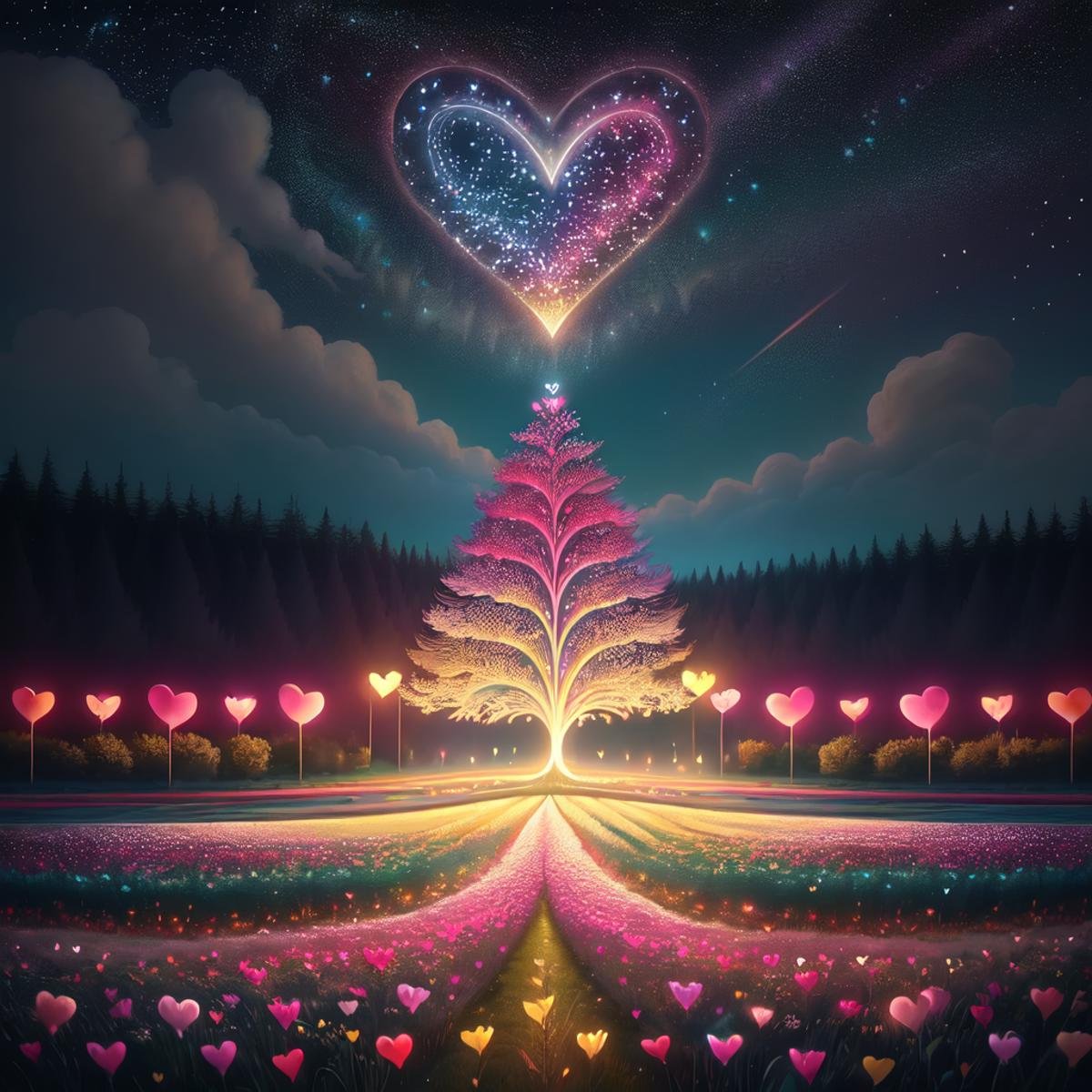 ValentineNatureStyle,flower,outdoors,sky,tree,no humans,night,grass,star (sky),nature,night sky,scenery,starry sky,field,colorful,heart shaped flower,valentine,  <lora:ValentineNatureStyle:1>