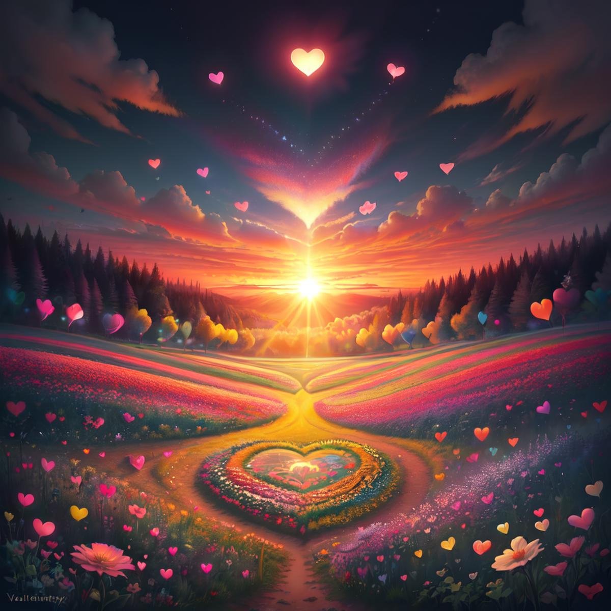 ValentineNatureStyle,flower,heart,outdoors,sky,cloud,tree,no humans,sunlight,cloudy sky,grass,bug,butterfly,nature,scenery,forest,sunset,sun,colorful,heart shaped flower,valentine,   <lora:ValentineNatureStyle:1>