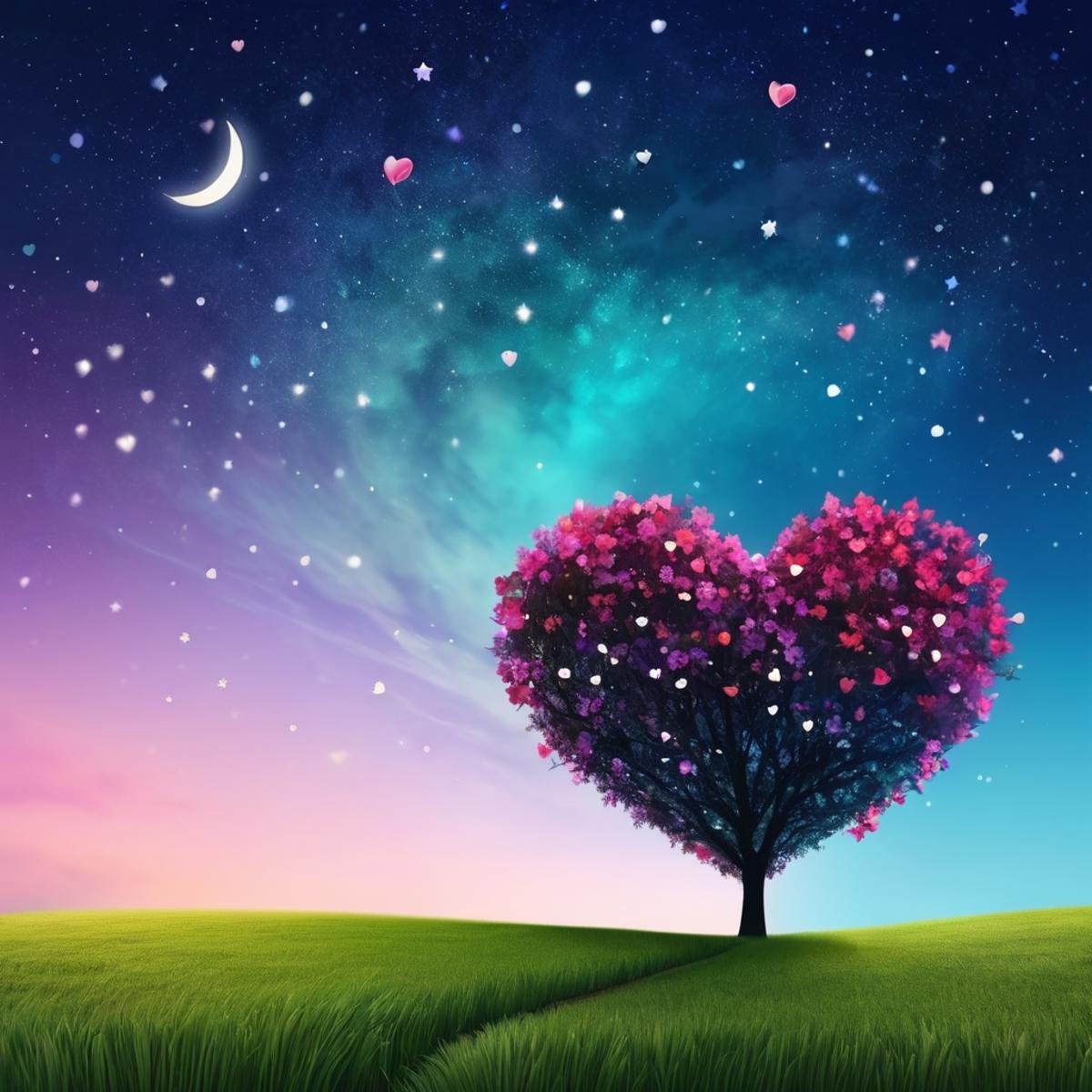 ValentineNatureStyle,flower,outdoors,sky,tree,no humans,night,grass,star (sky),heart shaped stars,heart shaped moon,nature,night sky,scenery,starry sky,field,colorful,heart shaped flower,valentine,  <lora:ValentineNatureStyle:1>, <lora:add_detail:0.8> <lora:more_details:0.8> <lora:colorfix:0.8>