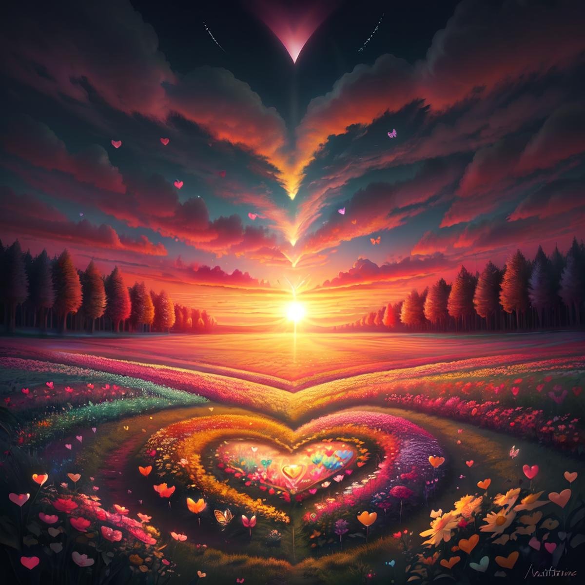 ValentineNatureStyle,flower,heart,outdoors,sky,cloud,tree,no humans,sunlight,cloudy sky,grass,bug,butterfly,nature,scenery,forest,sunset,sun,colorful,heart shaped flower,valentine,   <lora:ValentineNatureStyle:1>