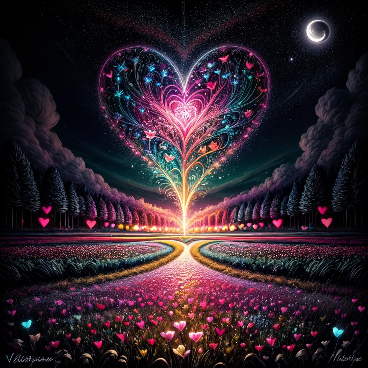 ValentineNatureStyle,flower,outdoors,sky,tree,no humans,night,grass,star (sky),heart shaped stars,heart shaped moon,nature,night sky,scenery,starry sky,field,colorful,heart shaped flower,valentine,  <lora:ValentineNatureStyle:1>, <lora:add_detail:0.8> <lora:more_details:0.8> <lora:colorfix:0.8>