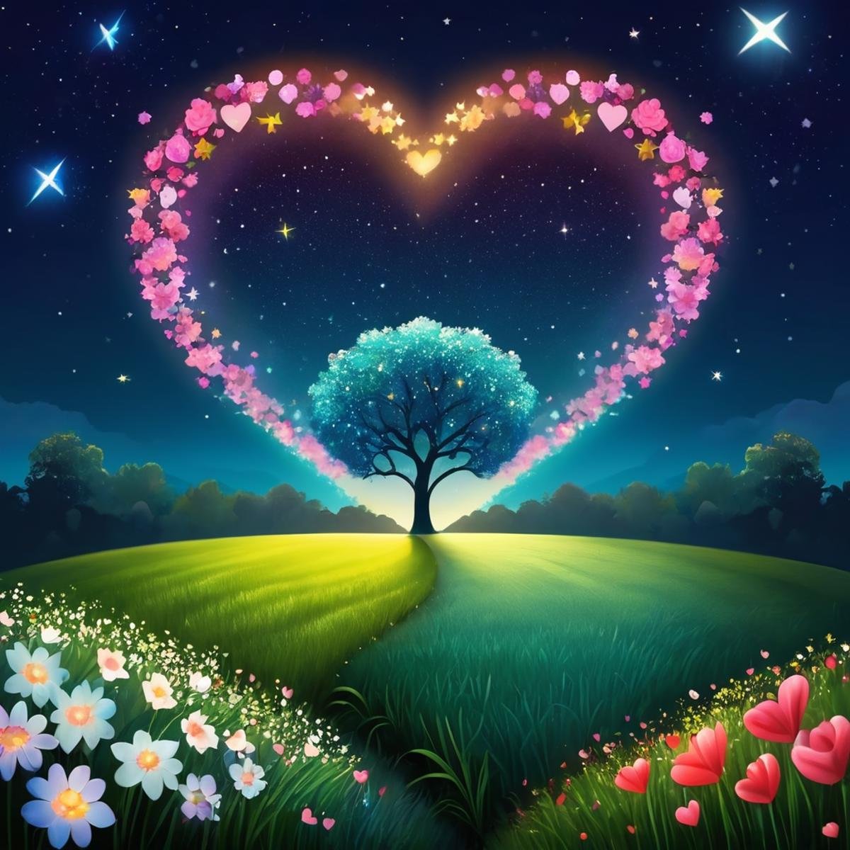 ValentineNatureStyle,flower,outdoors,sky,tree,no humans,night,grass,star (sky),heart shaped stars,heart shaped moon,nature,night sky,scenery,starry sky,field,colorful,heart shaped flower,valentine,  <lora:ValentineNatureStyle:1>, <lora:add_detail:0.8> <lora:more_details:0.8> <lora:colorfix:0.8>