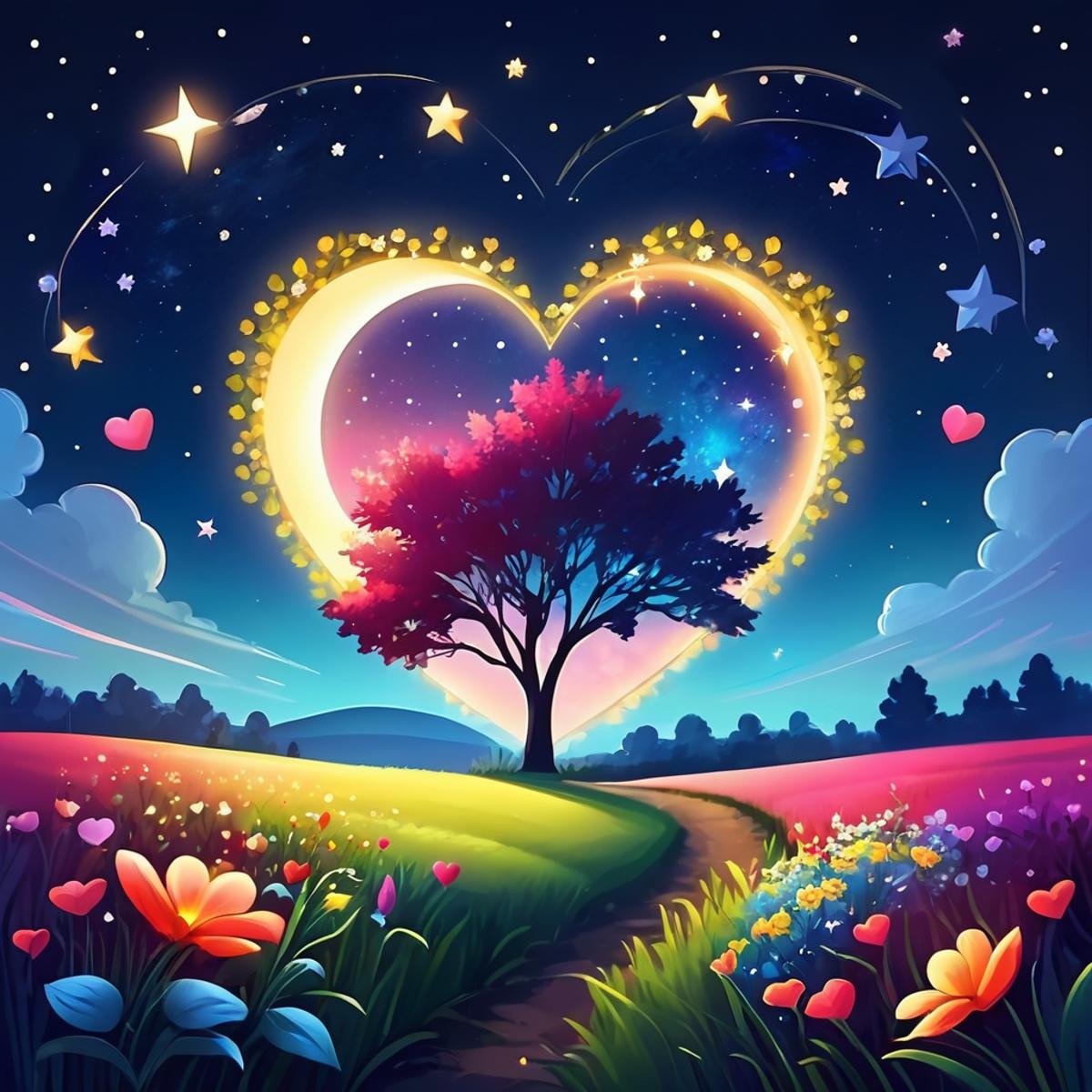 ValentineNatureStyle,flower,outdoors,sky,tree,no humans,night,grass,star (sky),heart shaped stars,heart shaped moon,nature,night sky,scenery,starry sky,field,colorful,heart shaped flower,valentine,  <lora:ValentineNatureStyle:1>, <lora:add_detail:0.8> <lora:more_details:0.8> <lora:colorfix:0.8>