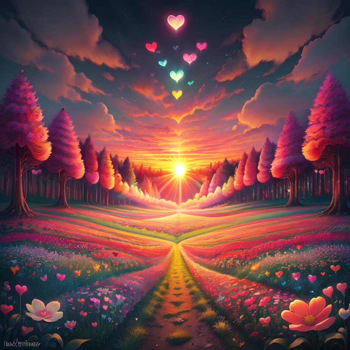 ValentineNatureStyle,flower,heart,outdoors,sky,cloud,tree,no humans,sunlight,cloudy sky,grass,bug,butterfly,nature,scenery,forest,sunset,sun,colorful,heart shaped flower,valentine,   <lora:ValentineNatureStyle:1>