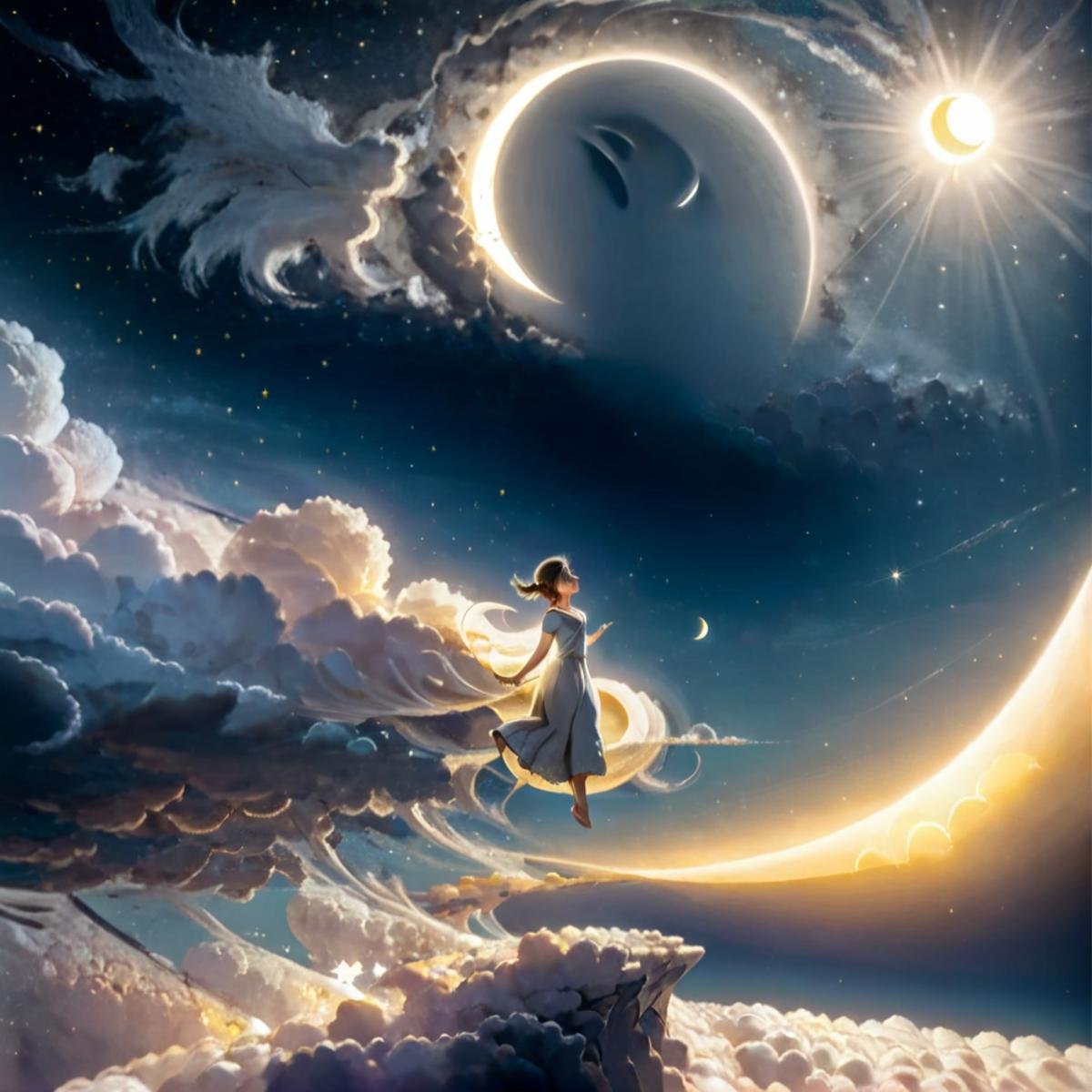 masterpiece,high resolution,detailed, <lora:air_xl:0.8>,airmode, , 1girl, sky, star (sky), moon, solo, cloud, sun, crescent moon, starry sky, scenery