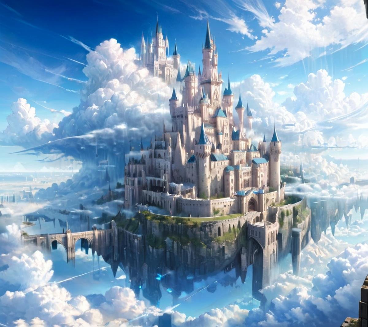 masterpiece,high resolution,detailed, <lora:air_xl:0.8>airmode, , scenery, cloud, sky, outdoors, day, castle, cloudy sky, blue sky, fantasy, , city made of cloud