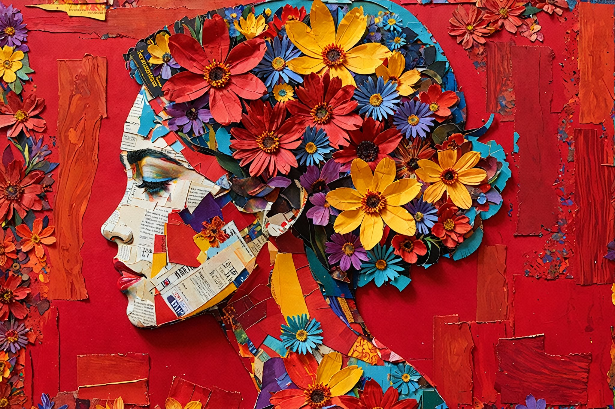 A vibrant and intricate artwork of a side profile of a woman's face. Her profile is filled with a burst of colorful flowers, predominantly in shades of red, yellow, purple, and blue. The background is a textured red canvas with thick, layered brush strokes. The woman's face and neck are adorned with various collage elements, including magazine clippings, labels, and other paper pieces, which give a sense of depth and complexity to the artwork.