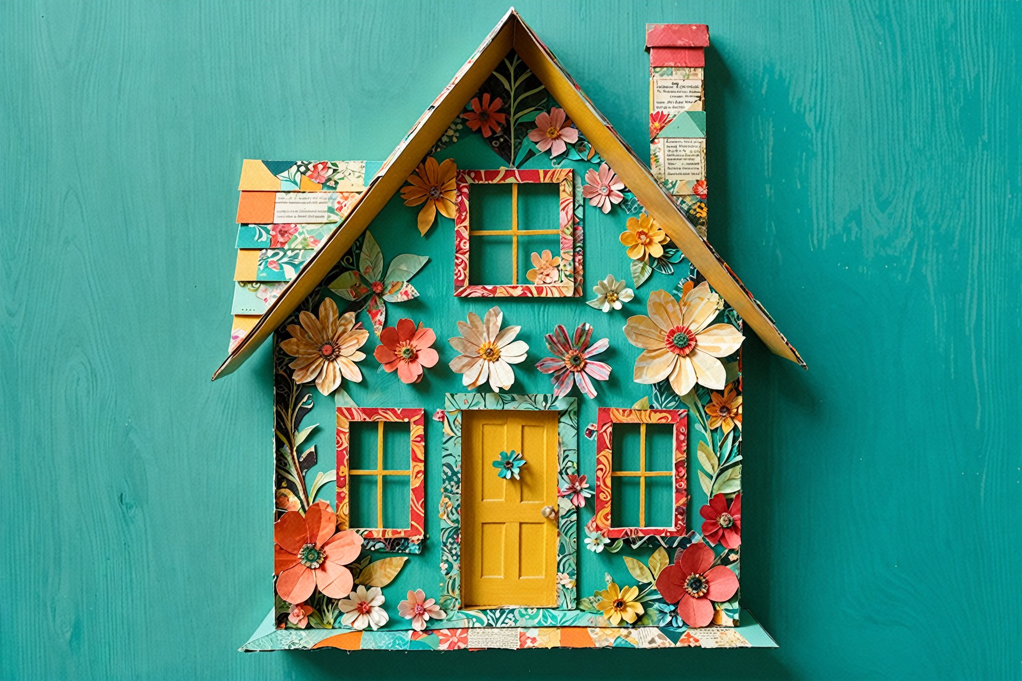 Close-up shot of a whimsical collage on a vibrant turquoise background. A paper house with triangular roof, rectangular chimney, and door comes into focus, its walls adorned with intricate textual snippets, floral patterns, and decorative elements. Paper flowers surround the structure, blending seamlessly with three-dimensional blooms. Hand-painted or stained textures add depth to the composition, as if each piece was carefully crafted by an artist's brush.