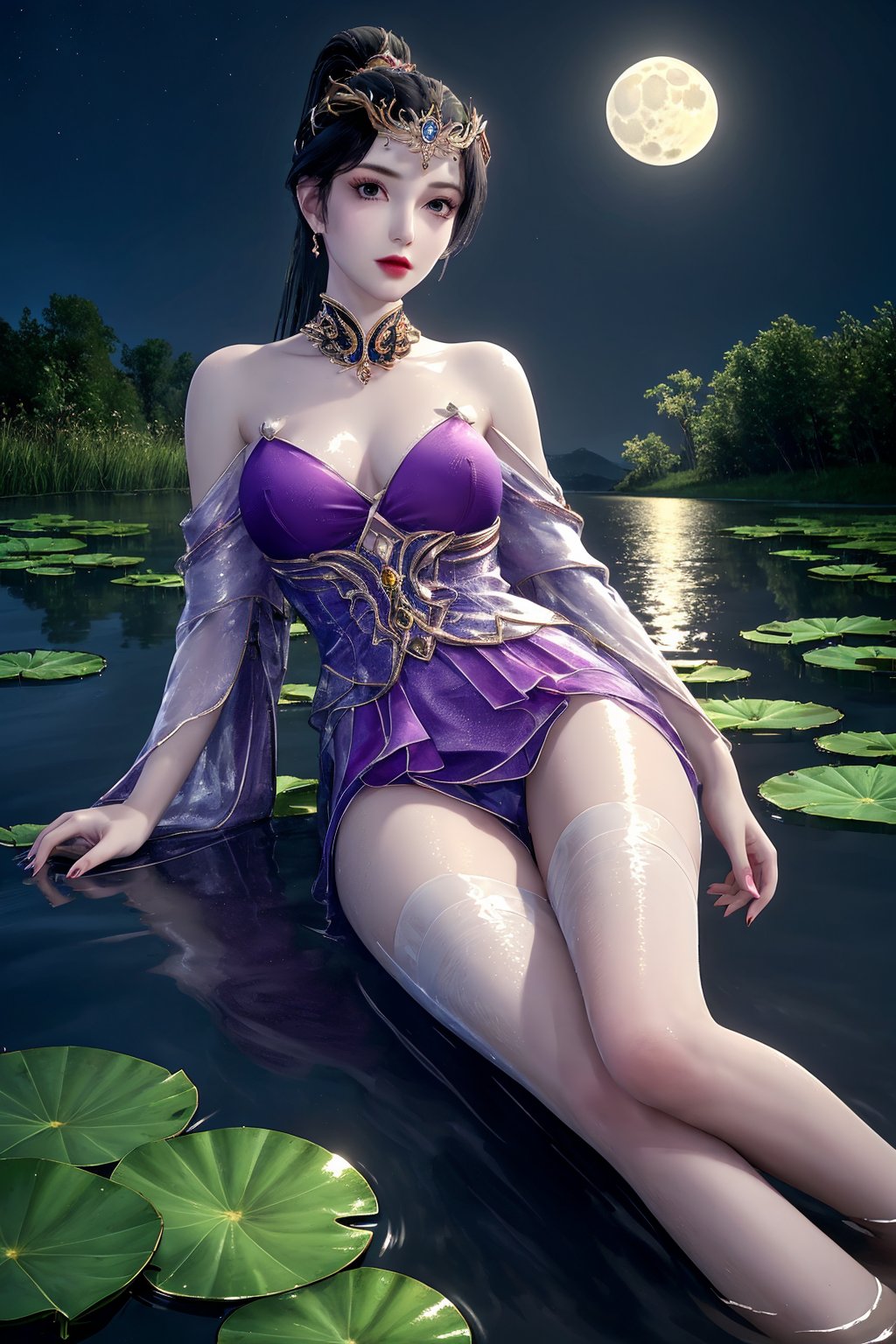 lying, on_back, lie_supine, flat, spread_legs, dress, chinese_clothes, long_sleeves, barefoot, looking_at_viewer, (scenery, flower, full_moon, moon, night, lily_pad, lotus, moonlight, water, night_sky, lily_\(flower\),sky, partially_submerged, wading),1girl, solo, black_hair, long_hair, jewelry, earrings, makeup, ponytail,white_legwear,fingernails, nail_polish, photo_\(medium\),(8k, RAW photo, best_quality),(masterpiece:1.2),(realistic:1.2), (photorealistic:1.3),(ultra-detailed),(extremely_detailed_cg_8k_wallpaper),(crystal_texture_skin:1.3), (shiny_skin:1.4),(extremely_delicate_and_beautiful)