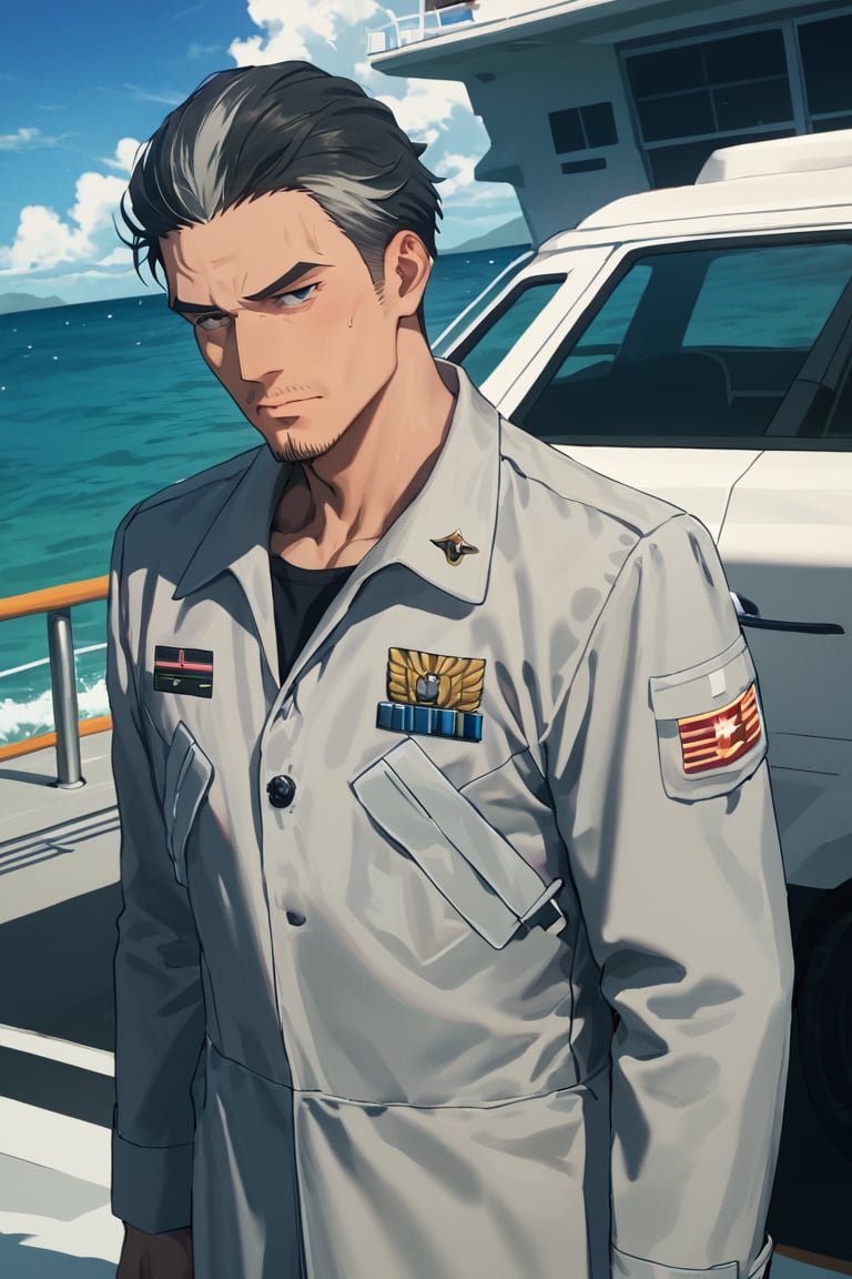 score_9,score_8_up,score_7_up, solo male, Isao Kawada \(Brave Bang Bravern\), streaked hair, black hair, grey hair, two-tone hair, slicked back hairstyle, facial hair, stubble, black eyes, military uniform, grey jacket, black undershirt, grey pants. long sleeves, adult, mature, masculine, tone body, handsome, charming, alluring, standing, upper body, perfect anatomy, perfect proportions, best quality, masterpiece, high_resolution, dutch angle, cowboy shot, on flight deck of aircraft carrier, ocean, blue sky, outdoor,Isami Ao,Isao Kawada