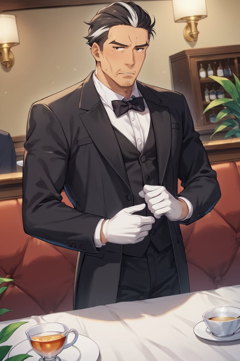 score_9,score_8_up,score_7_up, solo male, Isao Kawada, streaked hair, two-tone hair, slicked back hairstyle, (facial hair, stubble),  black eyes, butler, formal, black tuxedo, white shirt, black bowtie, black jacket, black pants, white gloves, monocle, eye glass, adult, mature, masculine, tone body, handsome, charming, alluring, standing, upper body, perfect anatomy, perfect proportions, best quality, masterpiece, high_resolution, dutch angle, cowboy shot, indoor, cafe background, resigned expression, bored , embarrassed, sweatdrop, ((perfecteyes))