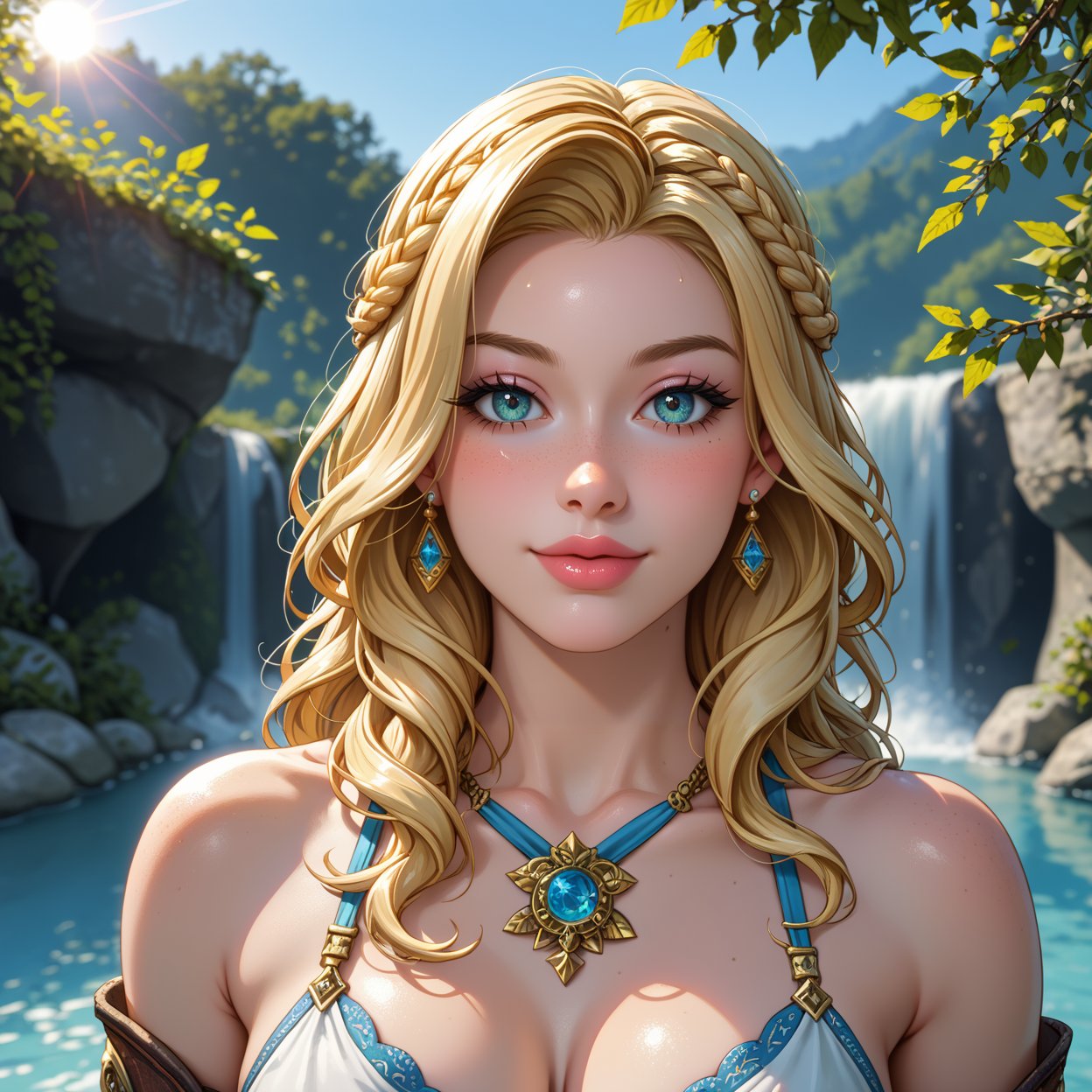 1 girl, masterpiece, 32 yo, female breton beauty sits outdoors in a rustic Skyrim village, surrounded by thatched roofs and lush greenery. The sun casts a warm glow on her porcelain skin as she gazes directly into the camera lens, her piercing green eyes sparkling with a hint of mischief. Her raven tresses cascade down her back like a waterfall, framing her heart-shaped face. A gentle smile plays on her lips, inviting the viewer to step into her whimsical world. blonde hair, fit body, Skyrim style, (female front view:1.3), looking at the viewer.,wearing light armor, female breton,score_7_up