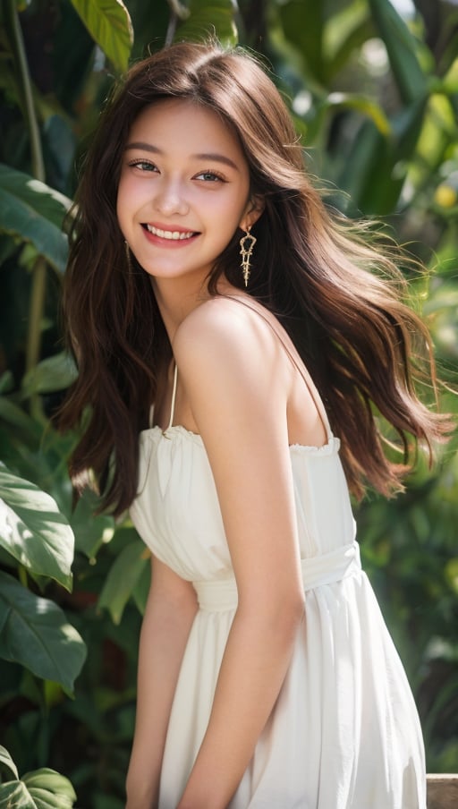 full body shot,tropical forest,
18 yo, 1 girl, beautiful korean girl, (happy laugh)
wearing beautiful long summer dress(strap),dress blowing by wind ,shining bracelet, smile, solo, {beautiful and detailed eyes}, dark eyes, calm expression, natural and soft light, delicate facial features, ((model pose)), Glamor body type, (dark hair:1.2), simple tiny earrings,very_long_hair,hair past hip, bang,straight hair, big buns,flim grain, realhands, masterpiece, Best Quality, 16k, photorealistic, ultra-detailed, finely detailed, high resolution, perfect dynamic composition, beautiful detailed eyes, eye smile, ((nervous and embarrassed)), sharp-focus, full_body, sexy pose, cowboy_shot,