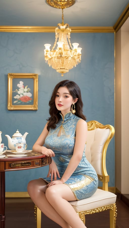 Ceramic material, beige gold tone, a 23-year-old Chinese beauty wearing a gorgeous high-neck dress, with an elegant and leisurely face, a plump figure, sitting on a gorgeous single baroque sofa with a blue background and gold edges. Her outfit is predominantly white with Chinese red trim and a detailed peony pattern. Her perfect long legs were exposed, and there was a blue and white porcelain teapot and teacup on the table next to the chair, indicating that this was a tea party. Directly behind the background is a gold-framed Chinese painting, the walls are blue, and ornate interior decoration surrounds the central figure, adding to the luxurious feel of the scene.