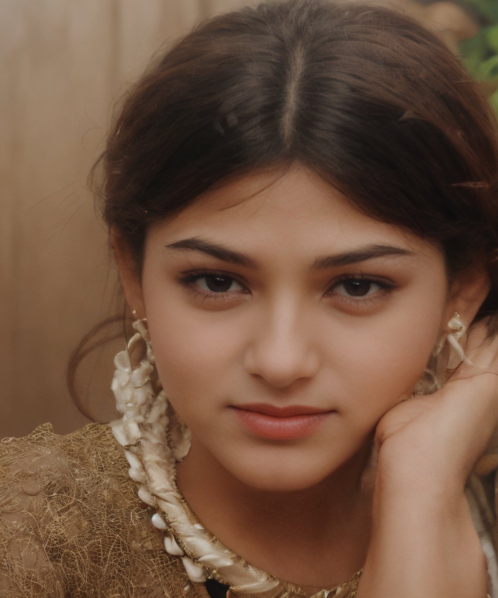 A stunning portrait of actress Kushboo, captured in a solo shot. She gazes directly into the viewer's eyes, her bright smile radiant and infectious. Her long, luscious black hair cascades down her back, styled in iconic twintails ,  Her pearly whites shine with her grin, accentuating her sharp, striking facial features. Her black eyes sparkle with warmth, drawing the viewer's attention to her captivating presence. The realistic depiction of Kushboo exudes elegance and charm, making for a truly captivating portrait.,realistic 