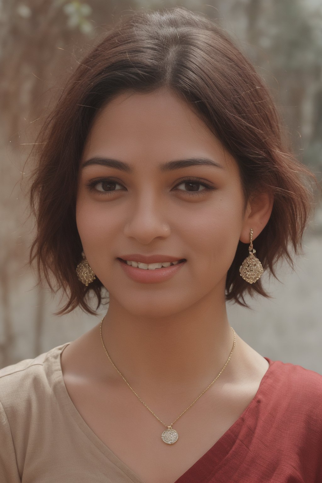 1girl, solo, looking at viewer, smile, short hair, black hair, jewelry, earrings, teeth, necklace, black eyes, portrait, realistic, Tamil actress, 