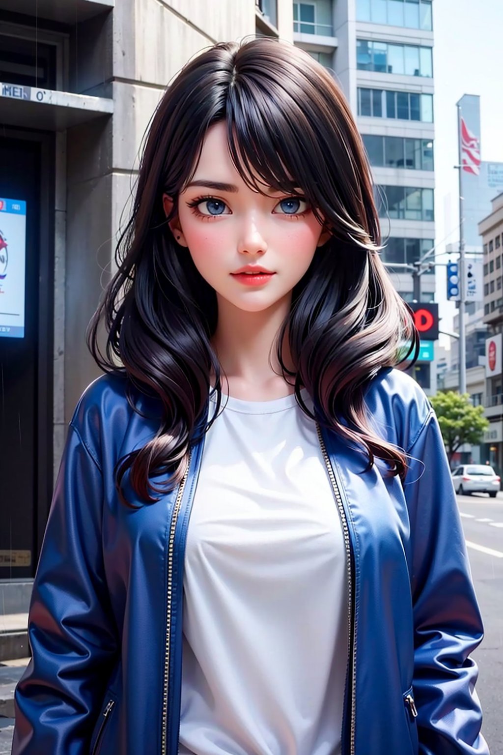 1girl,  blue eyes,  standing in cyberpunk city by DONGHUA Art on Tensor.Art