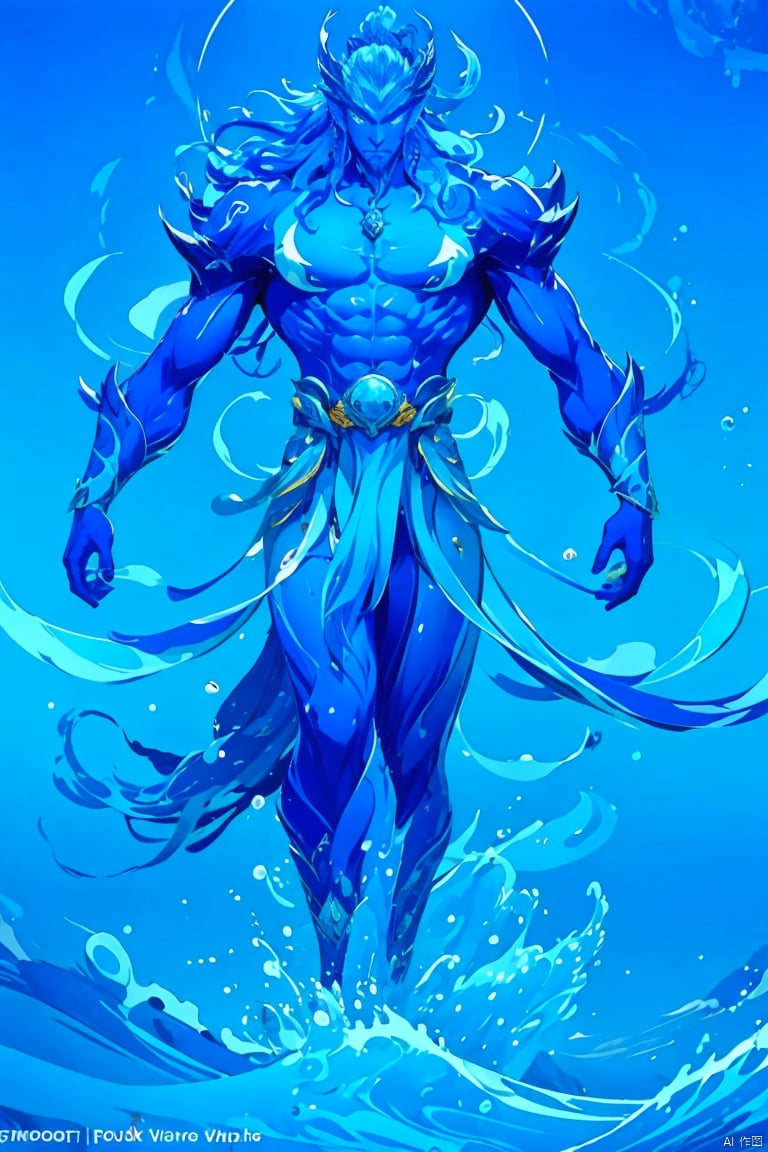1boy solo long hair full body air bubble beard blue fire blue hair blue skin blue theme boat bubble caustics earrings fish...