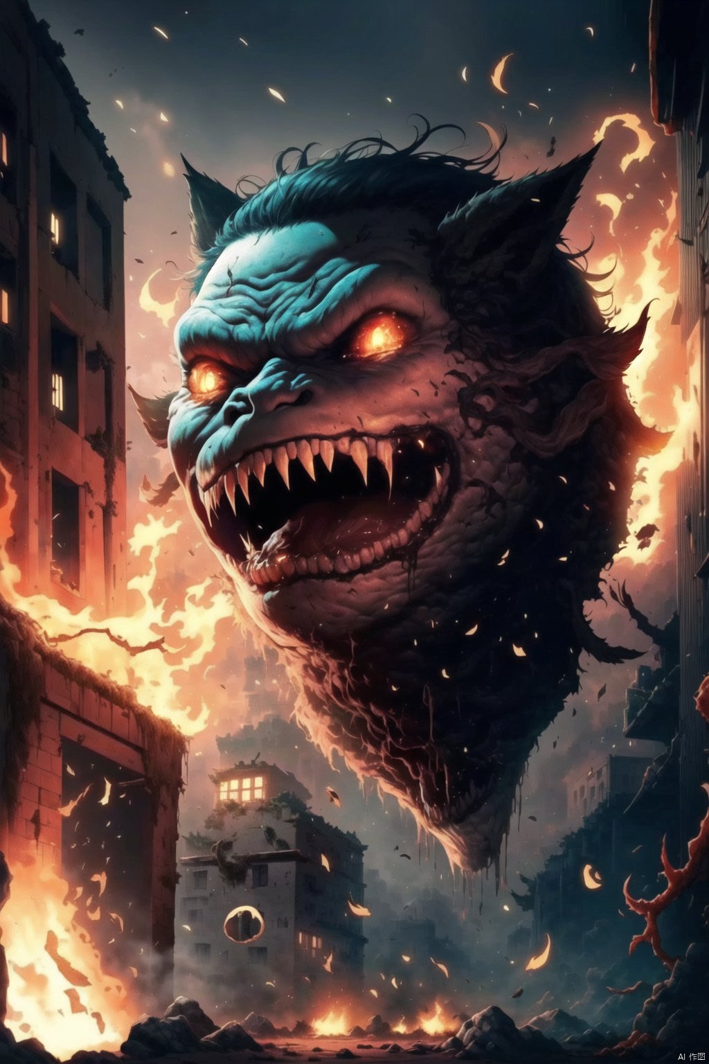 solo, open mouth, red eyes, teeth, no humans, fire, building, monster