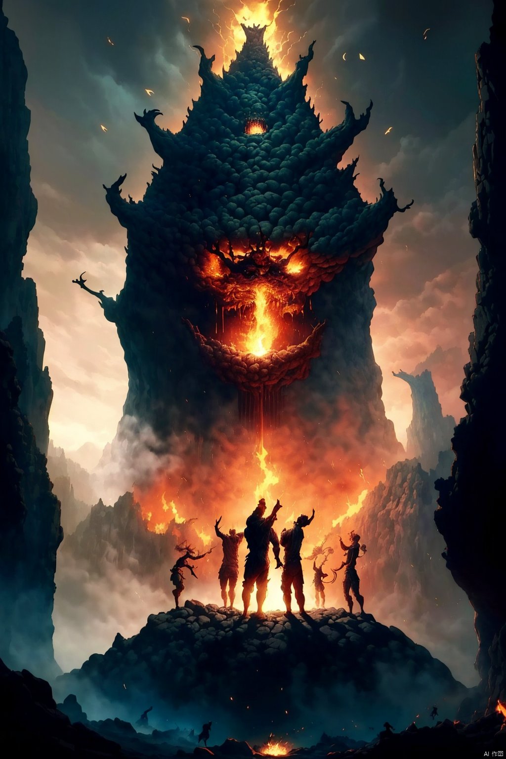 standing, multiple boys, glowing, fire, scenery, monster, giant, multiple others, statue, 6+others