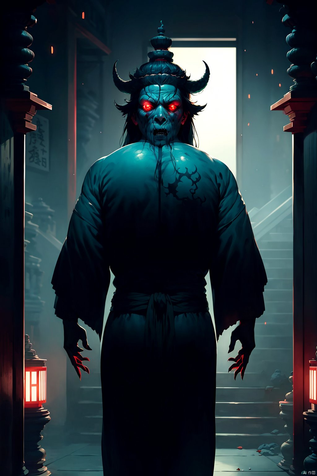 Horror, statue, huge, demon, Temple, pagoda, east asian architecture, Scary, Infiltrate, Fear, Late at night, black hair, red eyes, 1boy, standing, male focus, glowing, crown, glowing eyes, stairs, statue, from behind