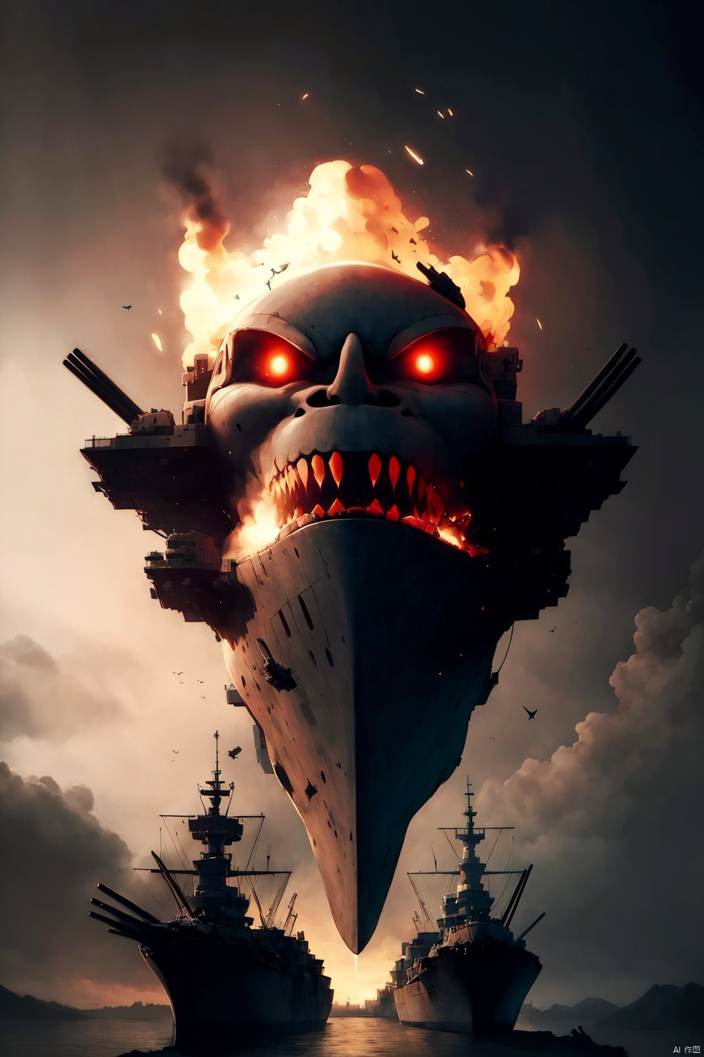 teeth, military, no humans, glowing, fire, glowing eyes, smoke, military vehicle, watercraft, giant, ship, warship, battleship