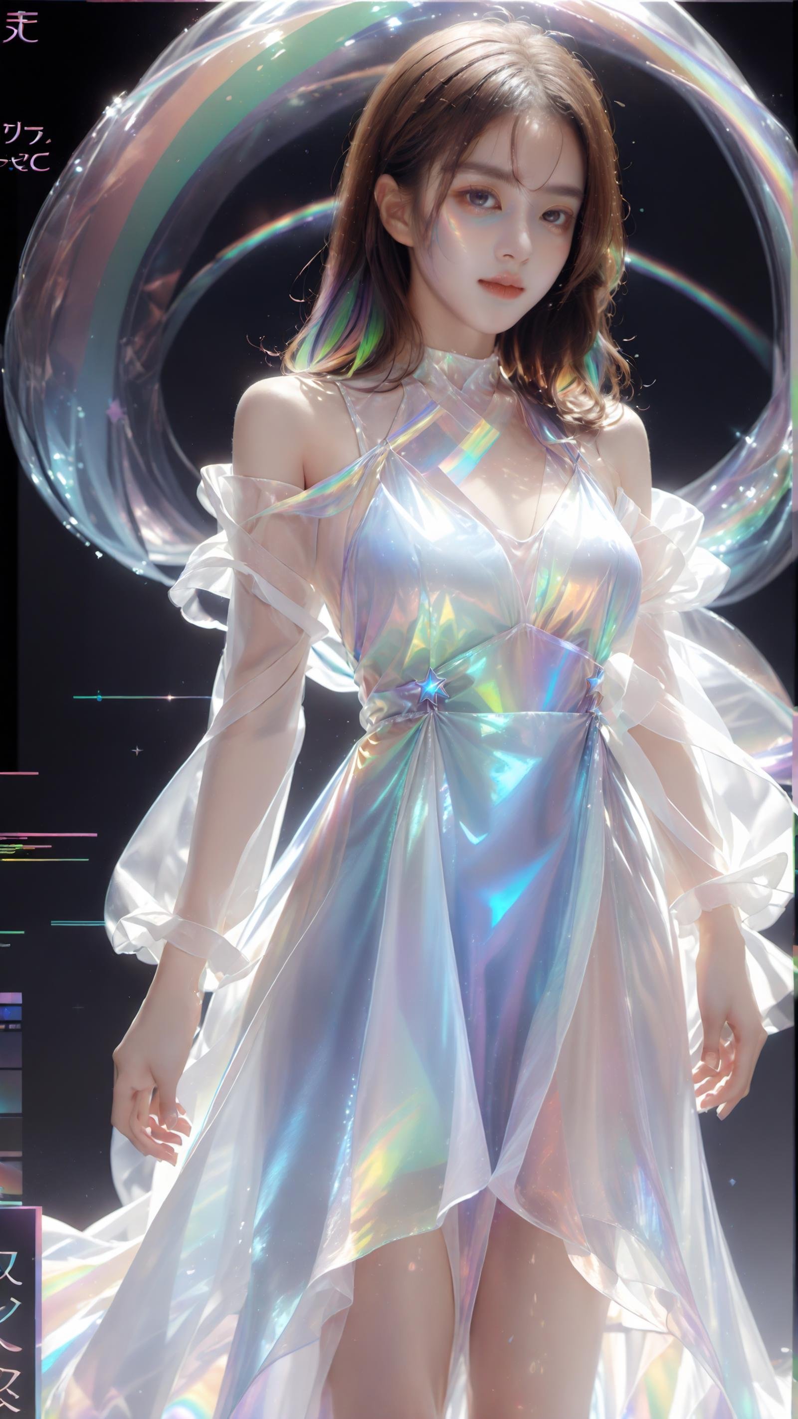 masterpiece, best quality,highres, 1girl, tall，long hair, Transparent, see-through, looking at viewer, organza night dress, perfect cut, holographic plastic, liulixl, iridescence,clean face, full body, <lora:liulixl:1>,  <lora:SDXLFaeTastic2400:0.7>