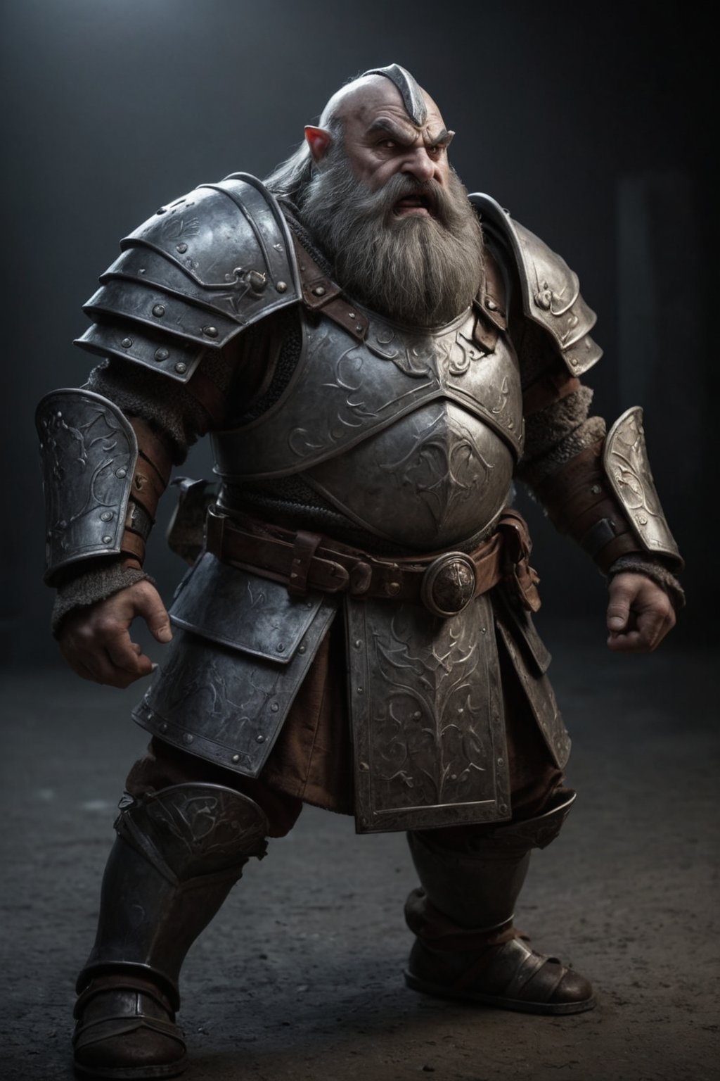 Battle dwarf, plate armor, grey face, in darkness, nervous and shady atmosphere, fighting stance