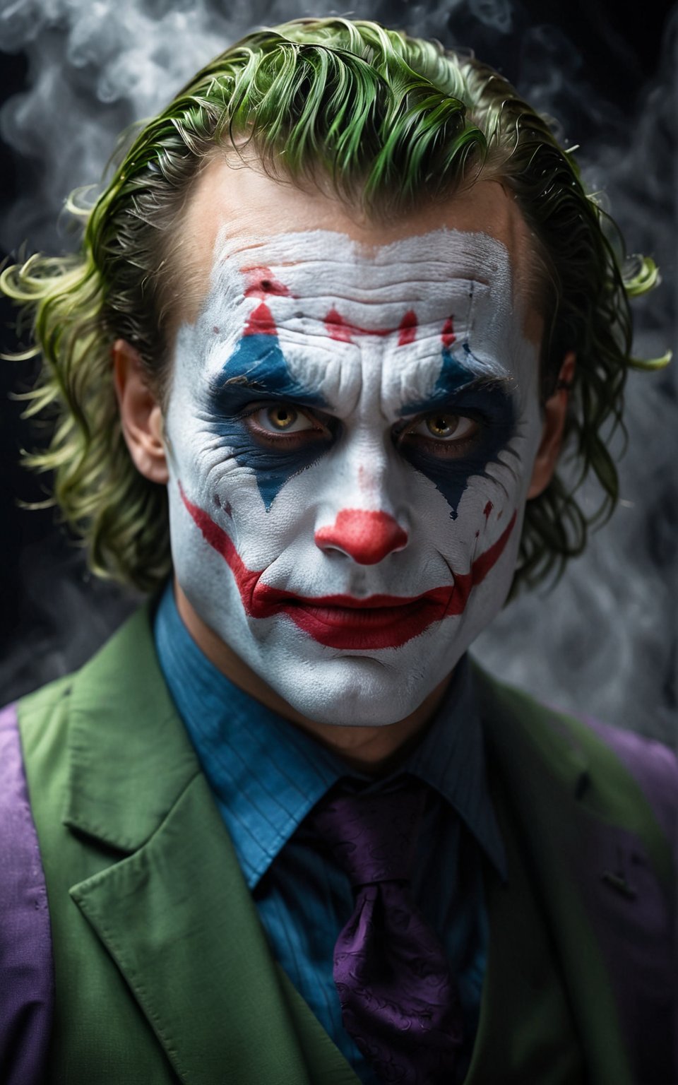 (best quality,highres,masterpiece:1.2),ultra-detailed,(portrait,joker,man,creepy look,detailed eyes,shallow depth of field,vignette,highly detailed,high budget Hollywood film),(best quality,4k,8k,highres,masterpiece:1.2),ultra-detailed,(realistic,photorealistic,photo-realistic:1.37),portraits,sharp focus,physically-based rendering,professional,vivid colors,bokeh,studio lighting,creepy color tones,subtle shadows