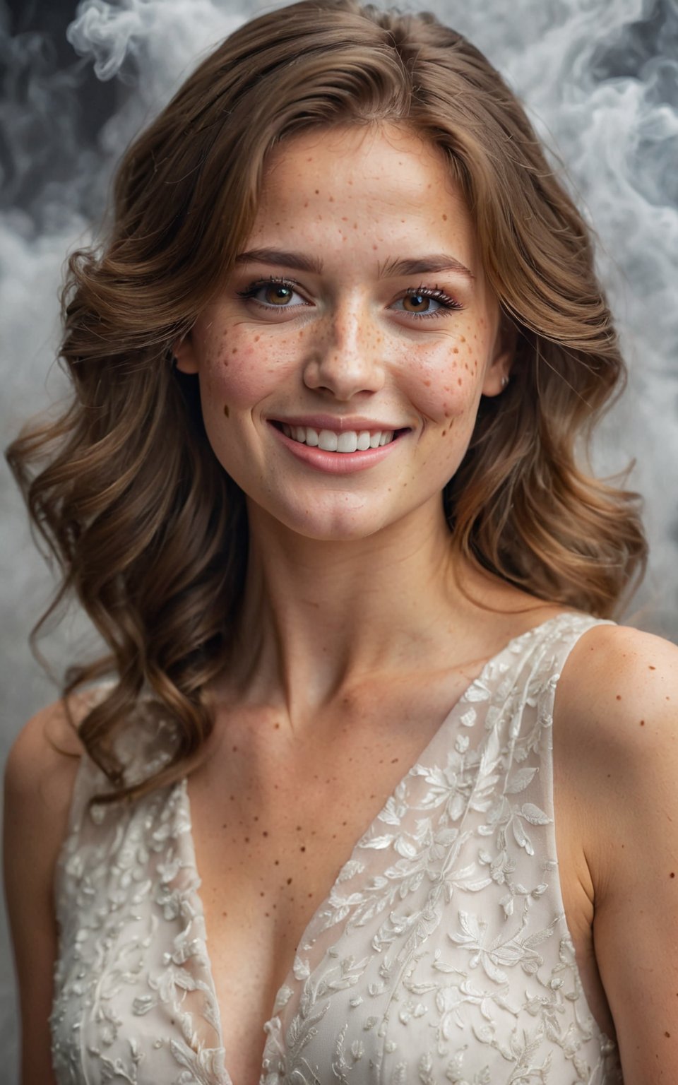 (best quality,4k,8k,highres,masterpiece:1.2),ultra-detailed,(realistic,photorealistic,photo-realistic:1.37),beautiful smile,smiling face,detailed eyes,detailed lips,delicate nose,freckles,soft skin,brown wavy hair,elegant posture,feminine charm,graceful dress,fine details,gorgeous background,vibrant colors,subtle lighting,portraits 
