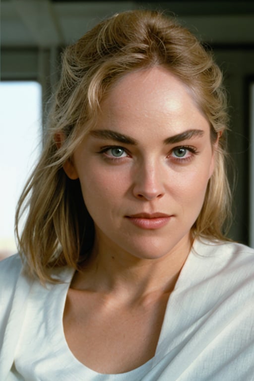 hyperrealistic photo of Sharon Stone (1girl), realistic and detailed face, realistic and detailed eyes, focus on face and bust
