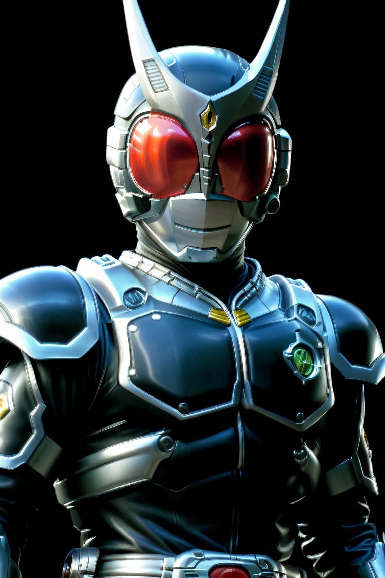 Close-up shot of Kamen Rider standing solo in a darkened room with silver and black colors dominating the frame. The Rider assumes an intense action pose, fists clenched and eyes glowing bright red. In 4K UHD, showcasing every detail from his gleaming armor to the subtle textures on his gloves. A simple yet effective background allows the Rider's heroic presence to take center stage, surrounded only by shadows that accentuate his powerful stance,gsys