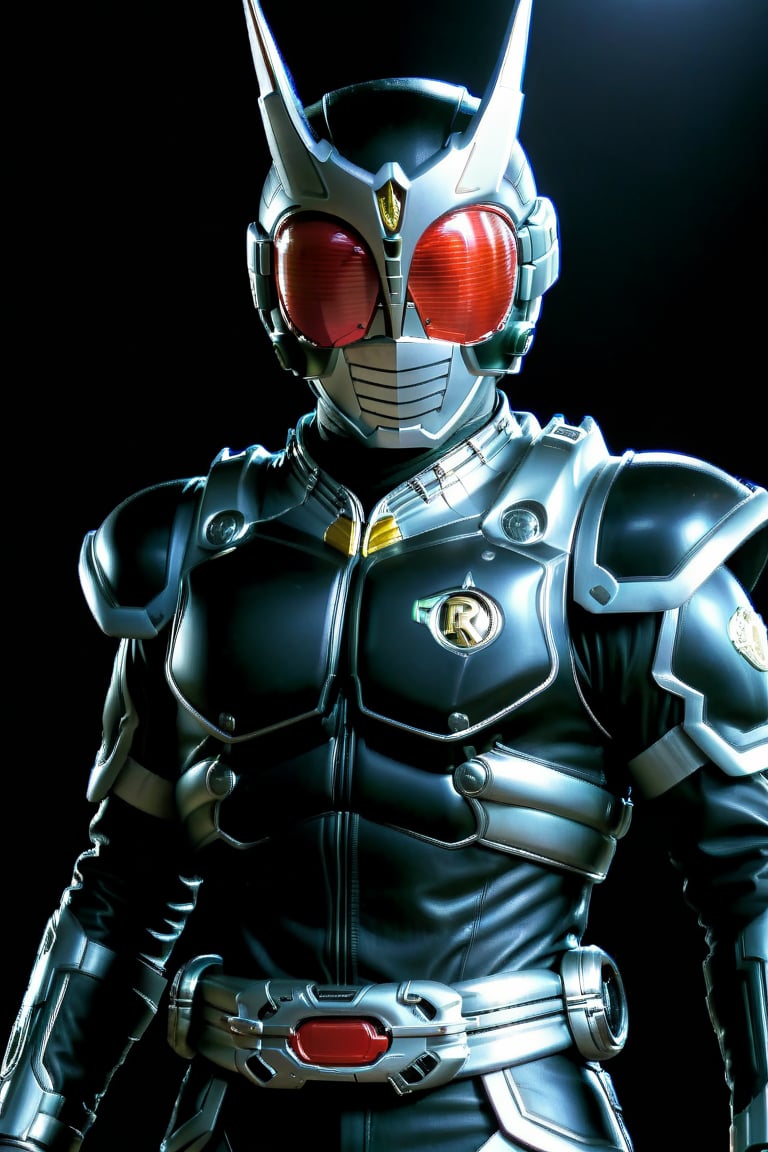 Close-up shot of Kamen Rider standing solo in a darkened room with silver and black colors dominating the frame. The Rider assumes an intense action pose, fists clenched and eyes glowing bright red. In 4K UHD, showcasing every detail from his gleaming armor to the subtle textures on his gloves. A simple yet effective background allows the Rider's heroic presence to take center stage, surrounded only by shadows that accentuate his powerful stance,gsys