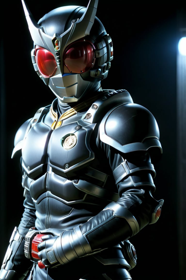 Close-up shot of Kamen Rider standing solo in a darkened room with silver and black colors dominating the frame. The Rider assumes an intense action pose, fists clenched and eyes glowing bright red. In 4K UHD, showcasing every detail from his gleaming armor to the subtle textures on his gloves. A simple yet effective background allows the Rider's heroic presence to take center stage, surrounded only by shadows that accentuate his powerful stance,gsys