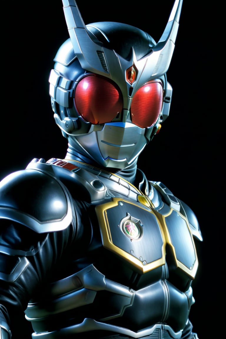 Close-up shot of Kamen Rider standing solo in a darkened room with silver and black colors dominating the frame. The Rider assumes an intense action pose, fists clenched and eyes glowing bright red. In 4K UHD, showcasing every detail from his gleaming armor to the subtle textures on his gloves. A simple yet effective background allows the Rider's heroic presence to take center stage, surrounded only by shadows that accentuate his powerful stance,gsys