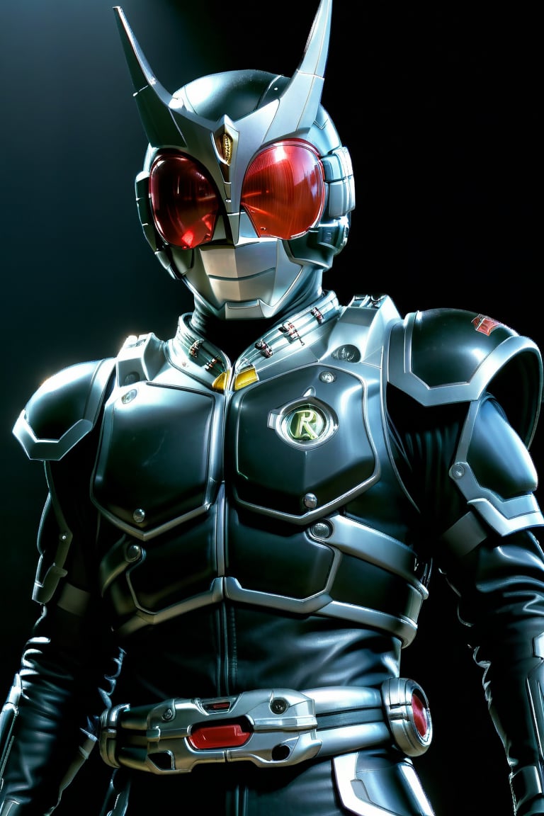 Close-up shot of Kamen Rider standing solo in a darkened room with silver and black colors dominating the frame. The Rider assumes an intense action pose, fists clenched and eyes glowing bright red. In 4K UHD, showcasing every detail from his gleaming armor to the subtle textures on his gloves. A simple yet effective background allows the Rider's heroic presence to take center stage, surrounded only by shadows that accentuate his powerful stance,gsys