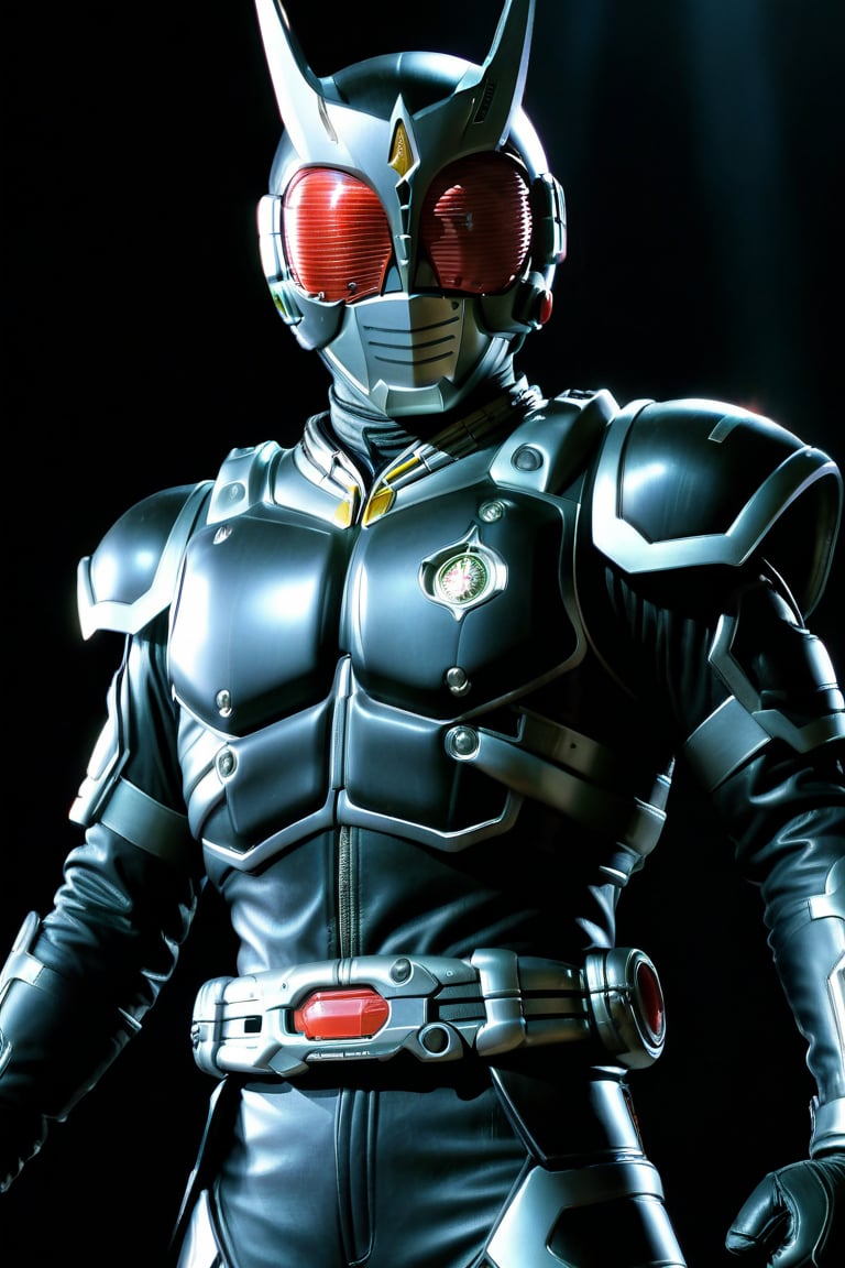 Close-up shot of Kamen Rider standing solo in a darkened room with silver and black colors dominating the frame. The Rider assumes an intense action pose, fists clenched and eyes glowing bright red. In 4K UHD, showcasing every detail from his gleaming armor to the subtle textures on his gloves. A simple yet effective background allows the Rider's heroic presence to take center stage, surrounded only by shadows that accentuate his powerful stance,gsys