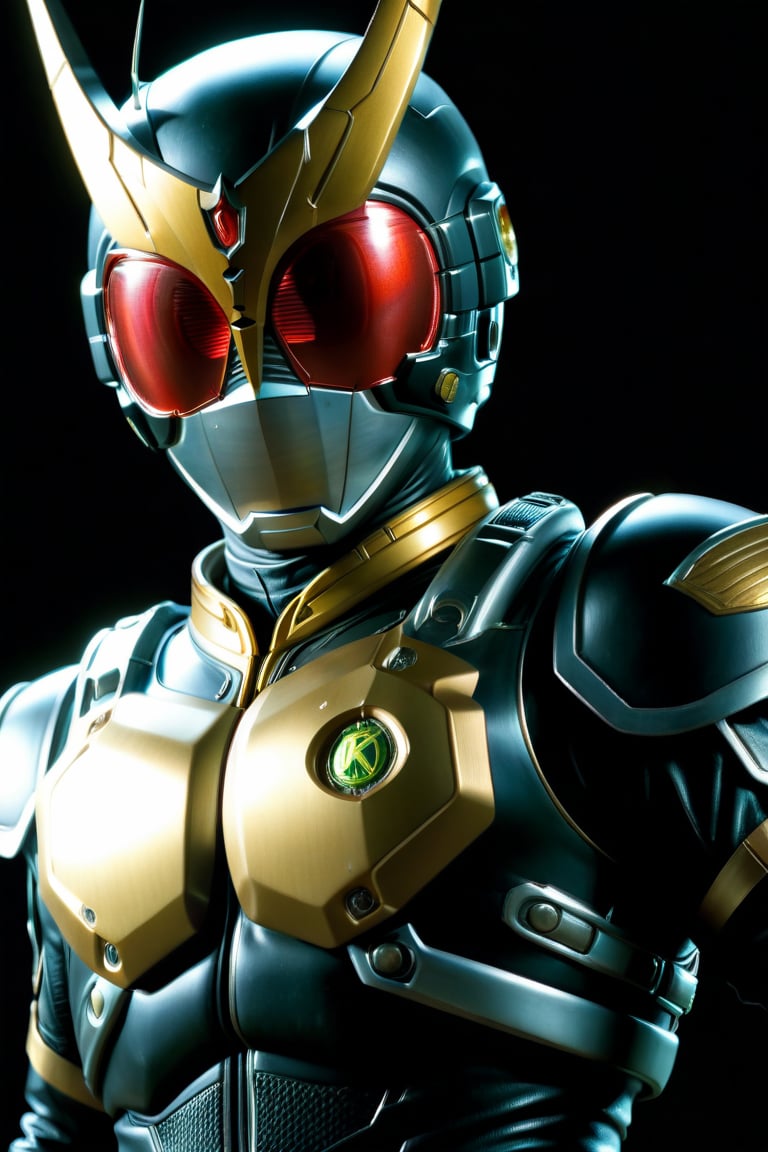 Close-up shot of Kamen Rider standing solo in a darkened room with gold colors dominating the frame. The Rider assumes an intense action pose, fists clenched and eyes glowing bright red. In 4K UHD, showcasing every detail from his gleaming armor to the subtle textures on his gloves. A simple yet effective background allows the Rider's heroic presence to take center stage, surrounded only by shadows that accentuate his powerful stance,gsys